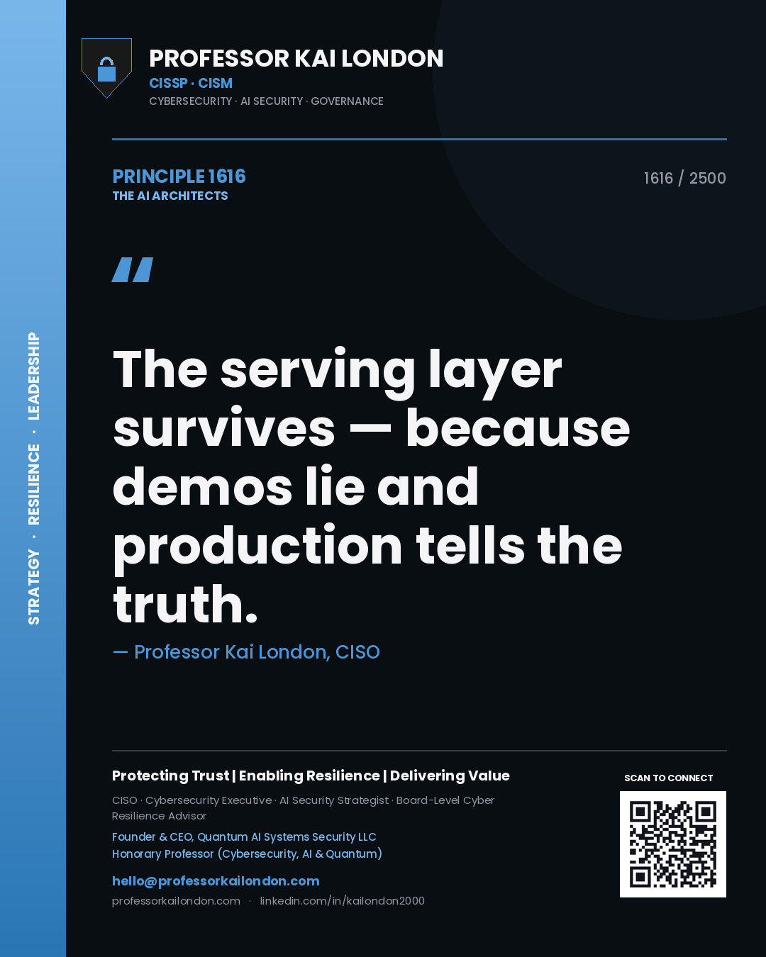 Quote card by Professor Kai London reading 'The serving layer survives — because demos lie and production tells the truth.'. From the book The AI Architects.