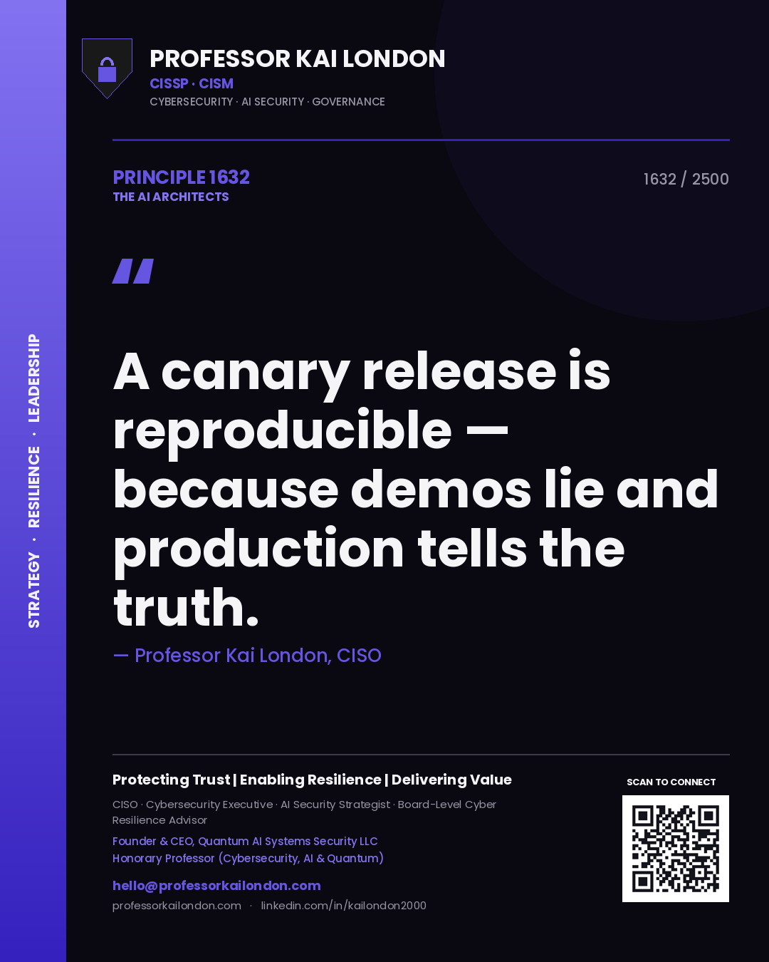 Professor Kai London principle 1632: A canary release is reproducible — because demos lie and production tells the truth.