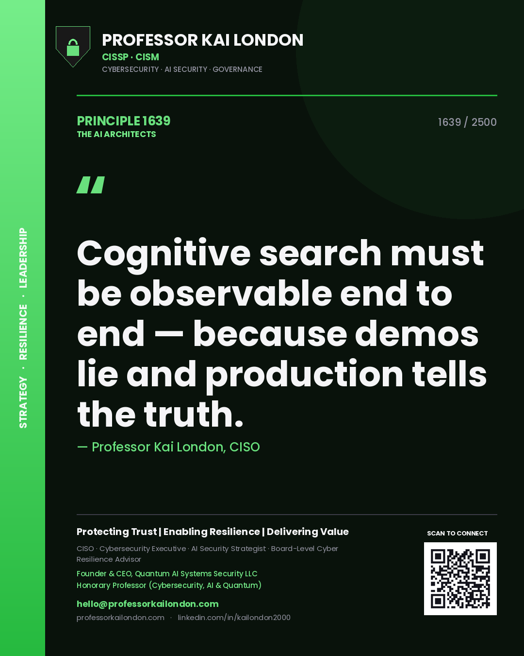 Quote card by Professor Kai London reading 'Cognitive search must be observable end to end — because demos lie and production tells the truth.'. From the book The AI Architects.