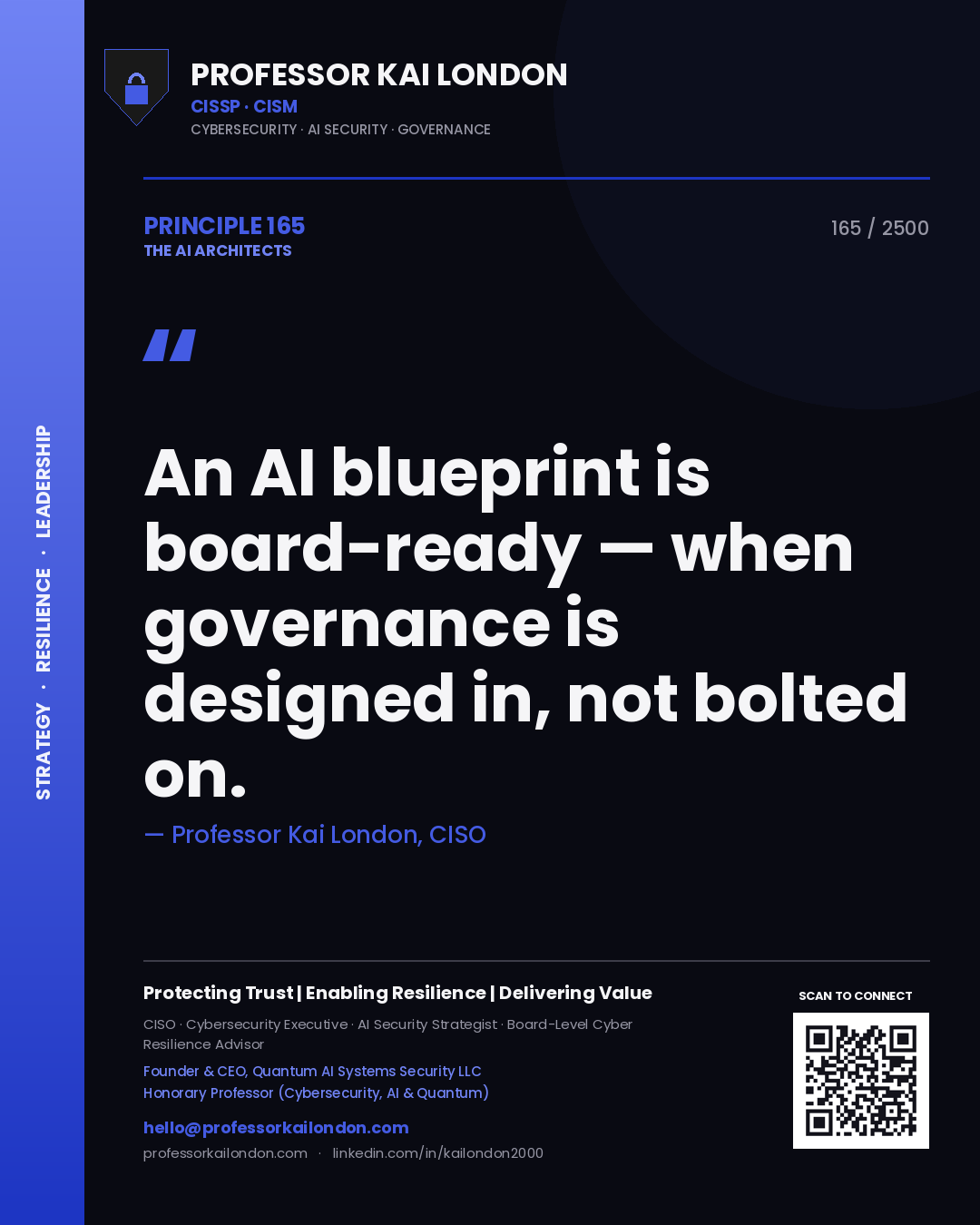 Quote card by Professor Kai London reading 'An AI blueprint is board-ready — when governance is designed in, not bolted on.'. From the book The AI Architects.