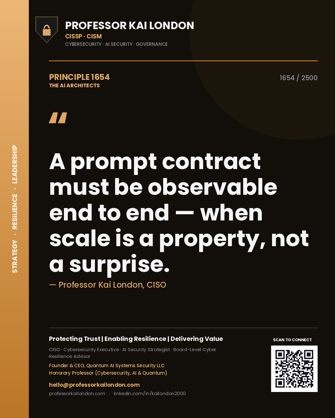 Quote card by Professor Kai London reading 'A prompt contract must be observable end to end — when scale is a property, not a surprise.'. From the book The AI Architects.