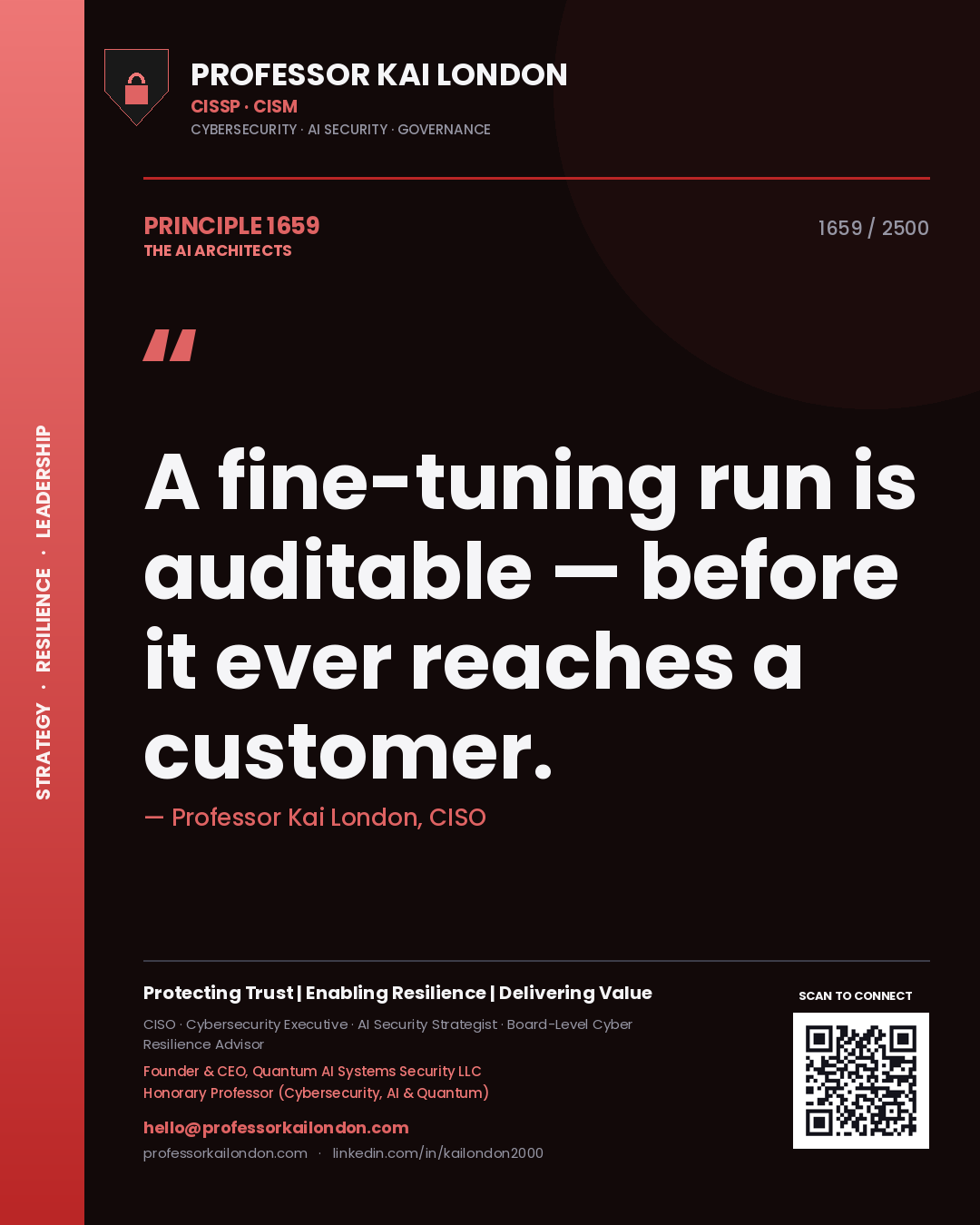 Quote card by Professor Kai London reading 'A fine-tuning run is auditable — before it ever reaches a customer.'. From the book The AI Architects.