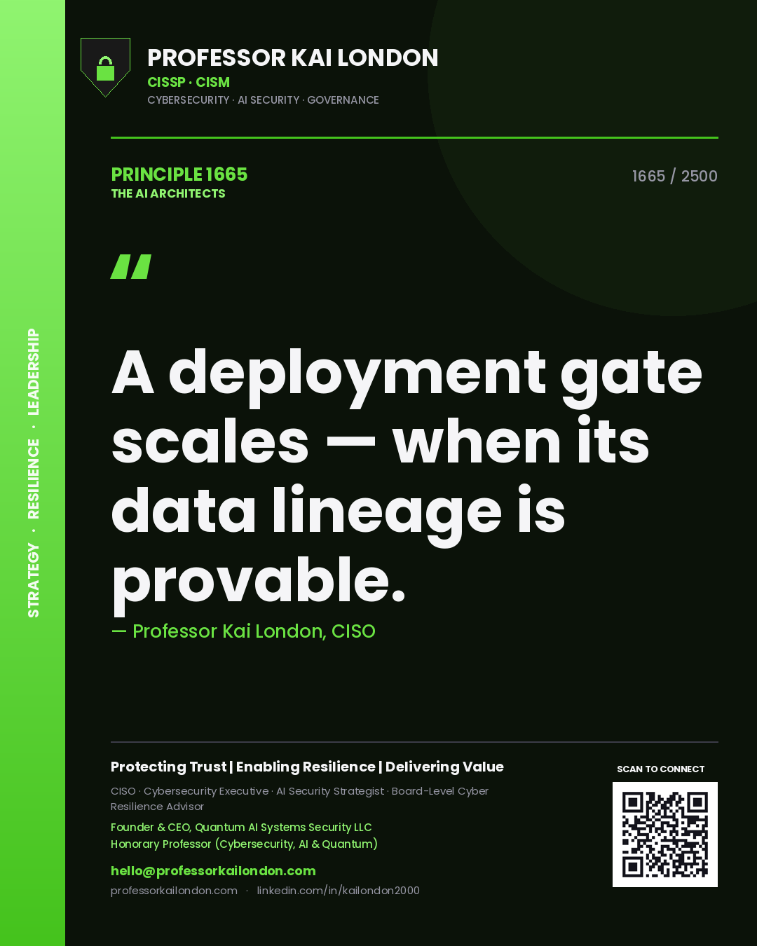 Quote card by Professor Kai London reading 'A deployment gate scales — when its data lineage is provable.'. From the book The AI Architects.