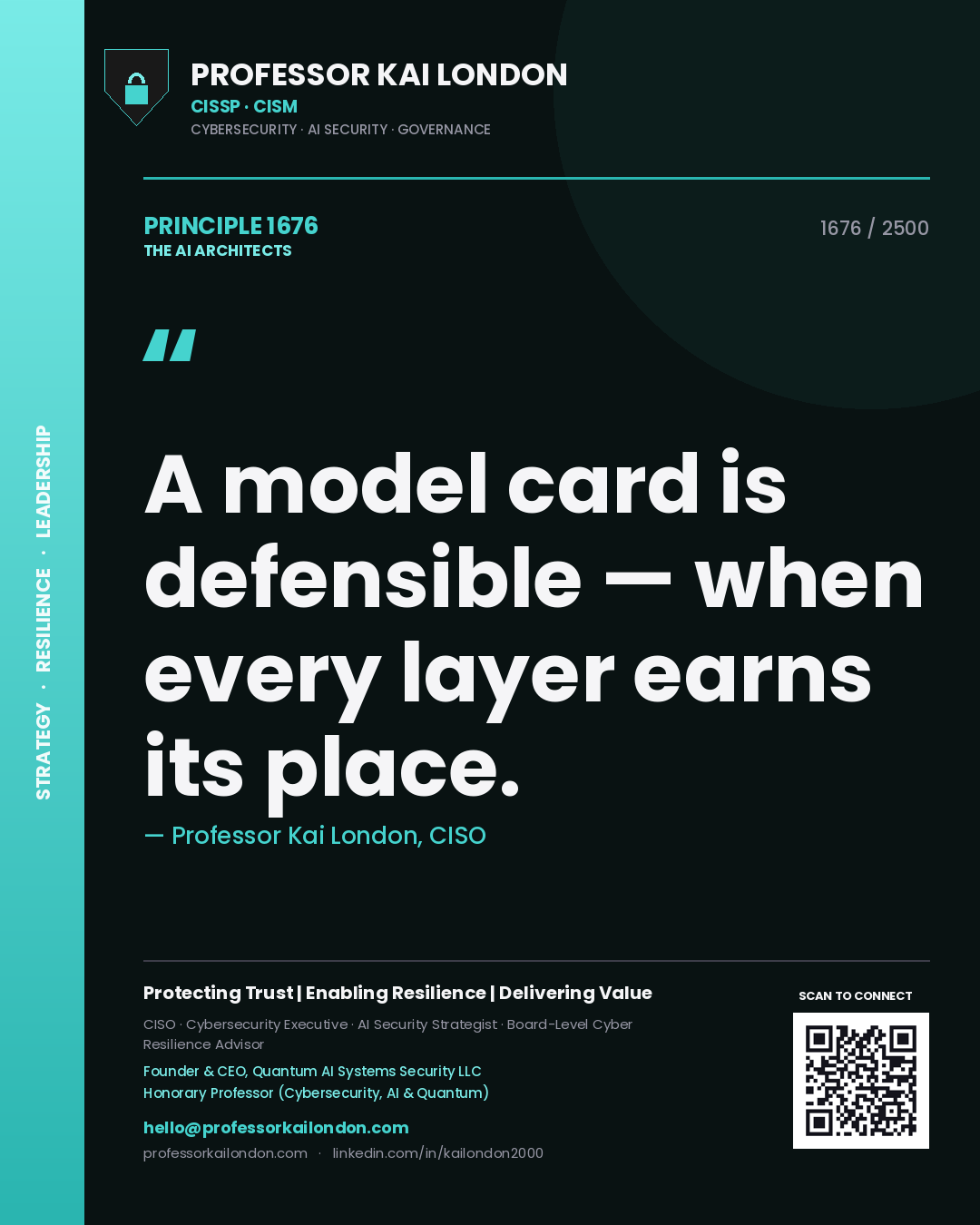 Quote card by Professor Kai London reading 'A model card is defensible — when every layer earns its place.'. From the book The AI Architects.