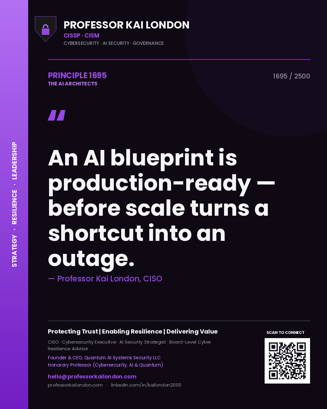 Professor Kai London principle 1695: An AI blueprint is production-ready — before scale turns a shortcut into an outage.