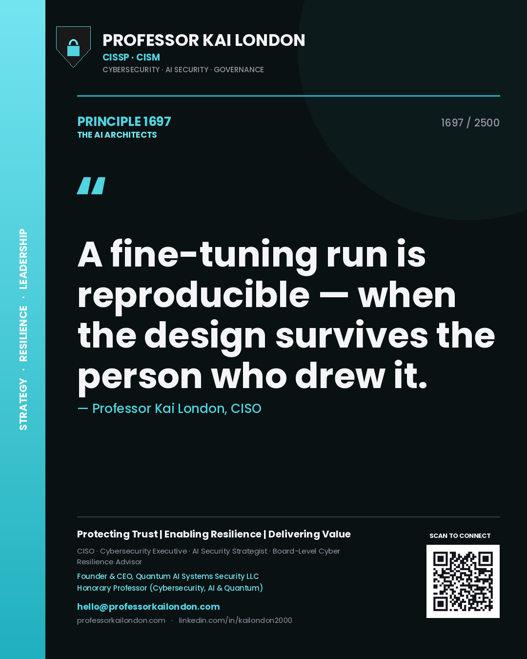 Quote card by Professor Kai London reading 'A fine-tuning run is reproducible — when the design survives the person who drew it.'. From the book The AI Architects.