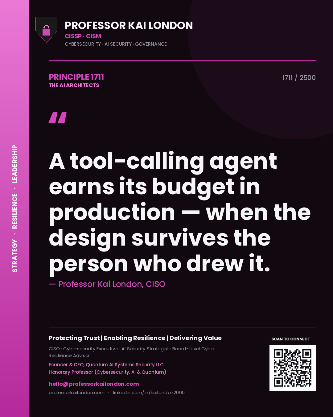Professor Kai London principle 1711: A tool-calling agent earns its budget in production — when the design survives the person who drew it.