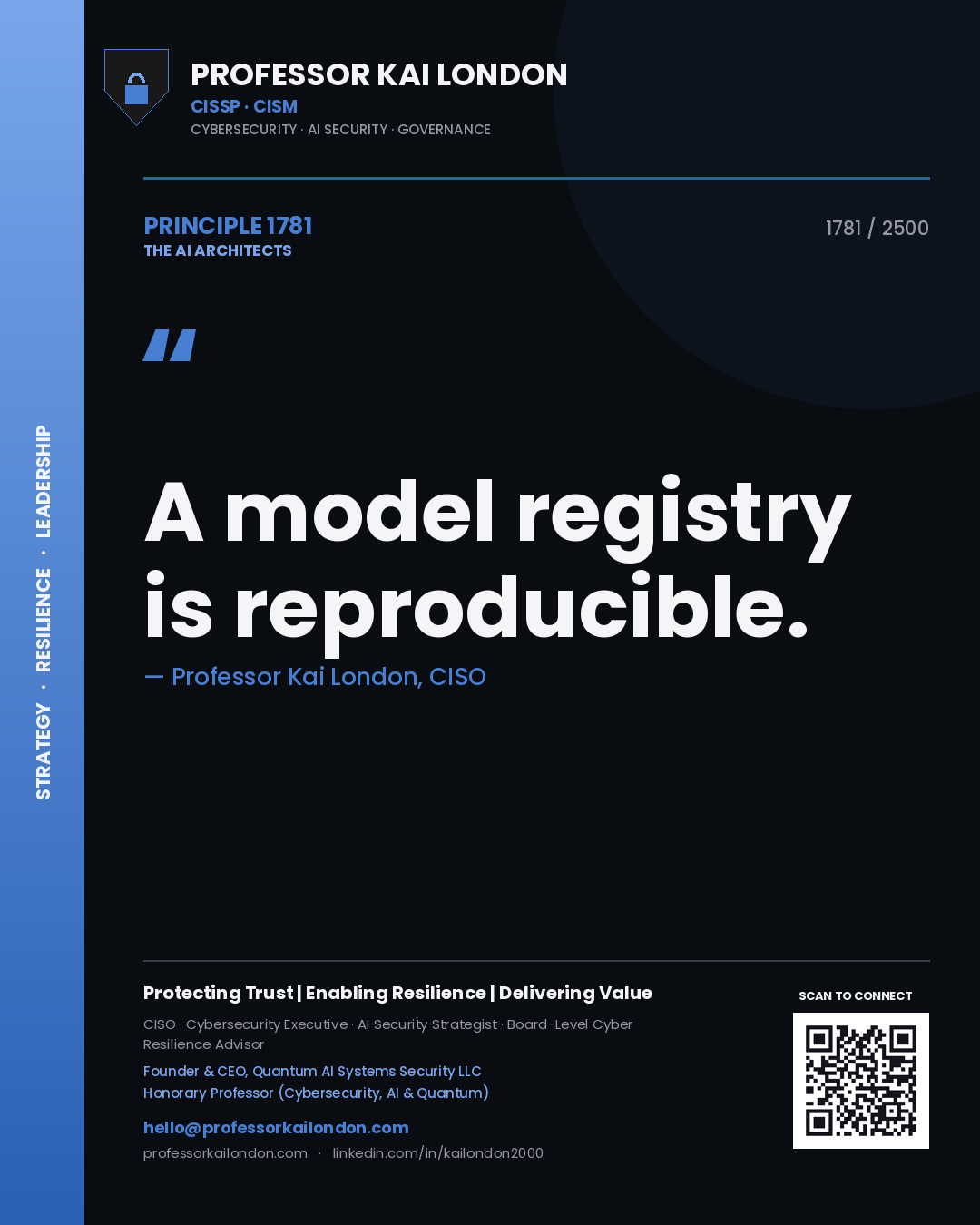 Quote card by Professor Kai London reading 'A model registry is reproducible.'. From the book The AI Architects.