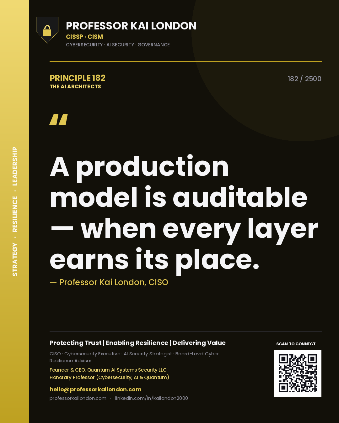 Professor Kai London principle 182: A production model is auditable — when every layer earns its place.