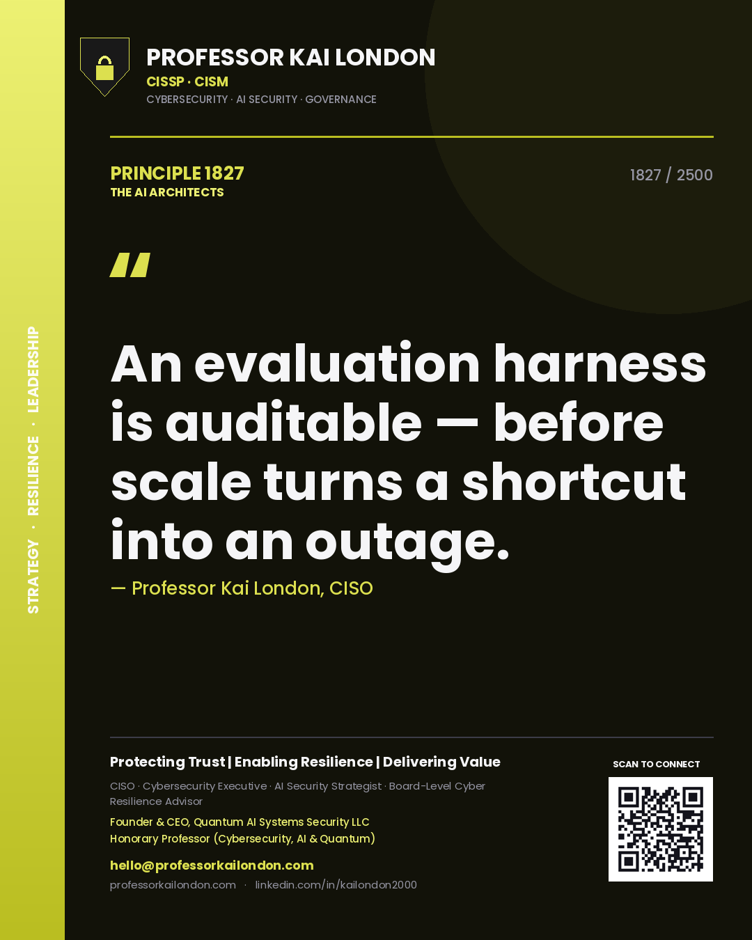 Professor Kai London principle 1827: An evaluation harness is auditable — before scale turns a shortcut into an outage.
