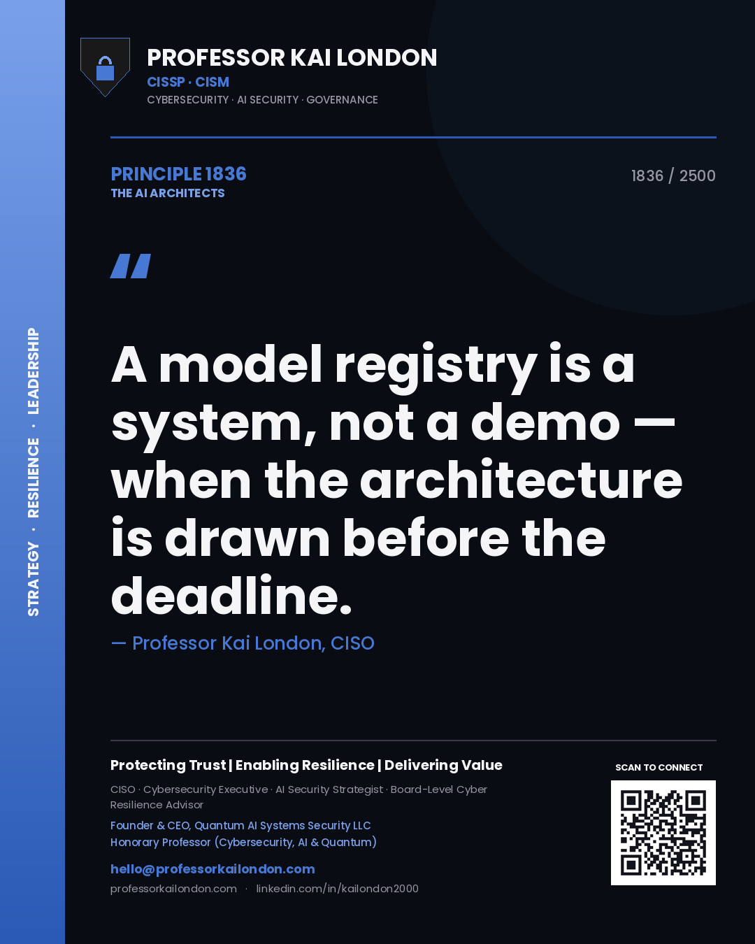Quote card by Professor Kai London reading 'A model registry is a system, not a demo — when the architecture is drawn before the deadline.'. From the book The AI Architects.