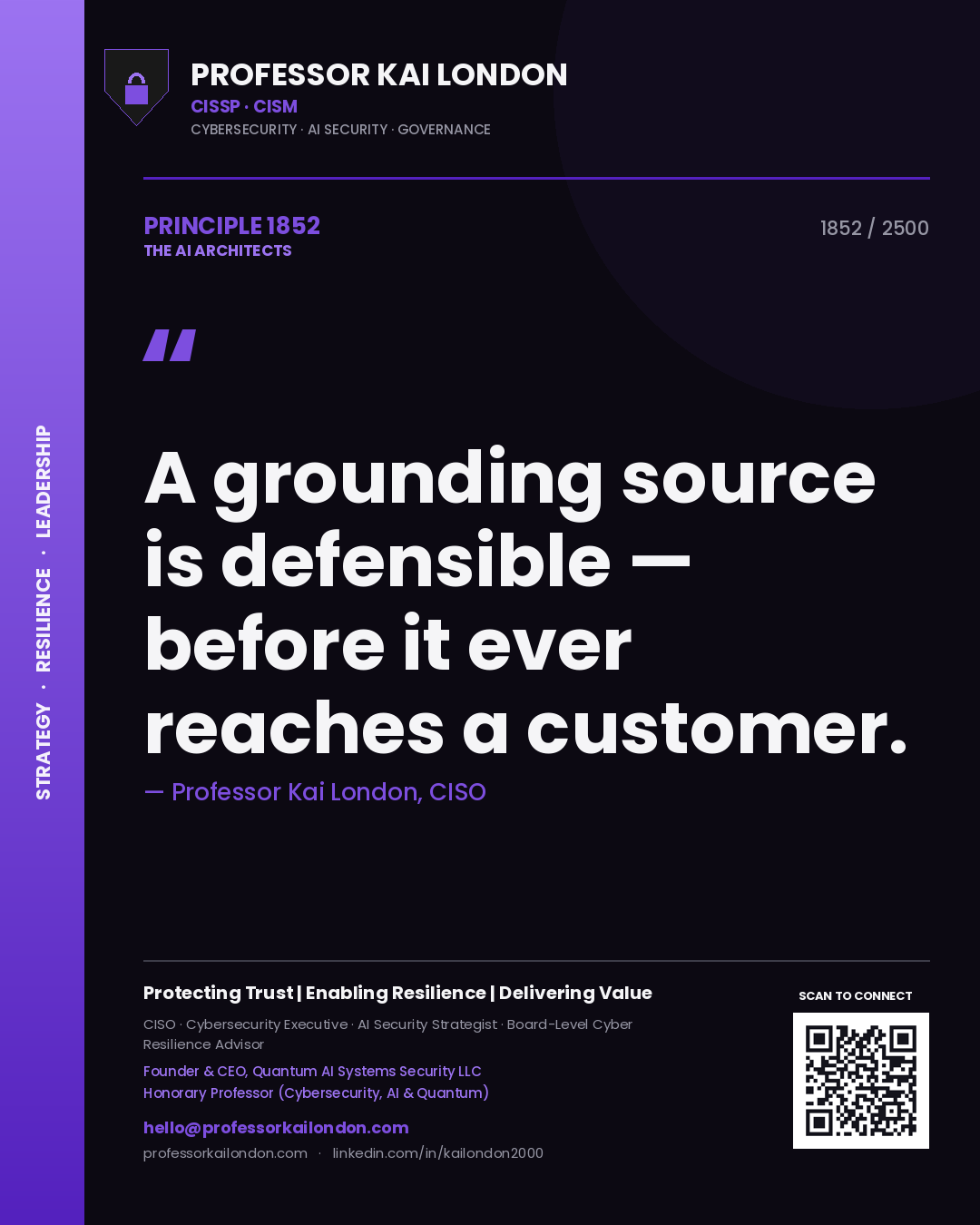 Professor Kai London principle 1852: A grounding source is defensible — before it ever reaches a customer.