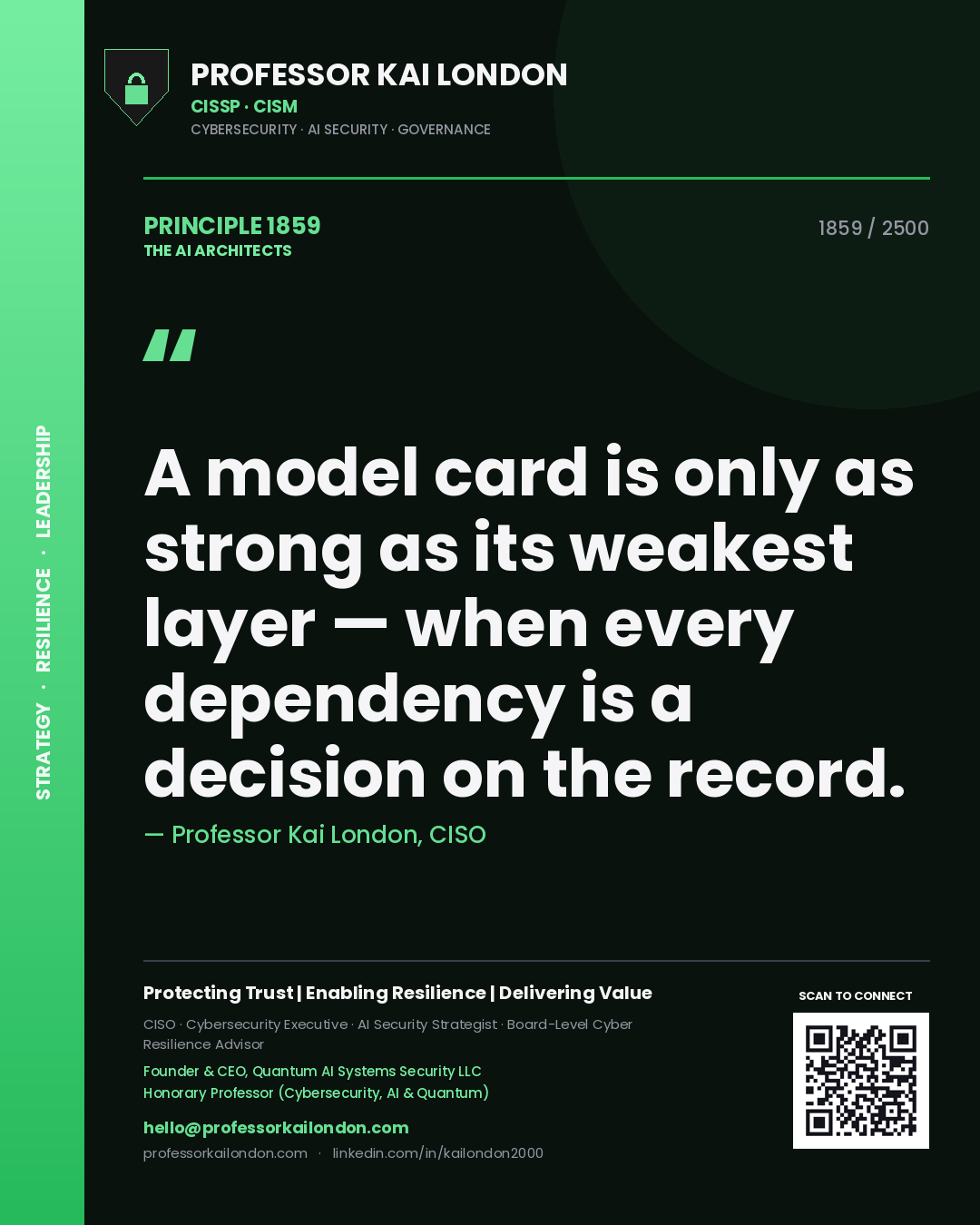 Professor Kai London principle 1859: A model card is only as strong as its weakest layer — when every dependency is a decision on the record.