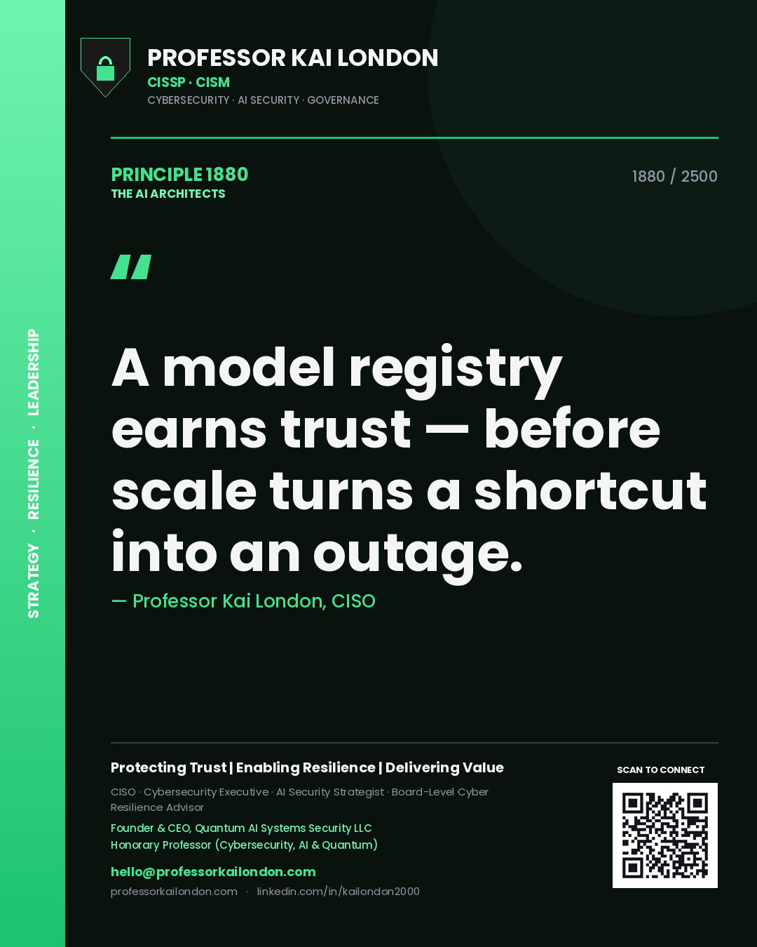 Professor Kai London principle 1880: A model registry earns trust — before scale turns a shortcut into an outage.