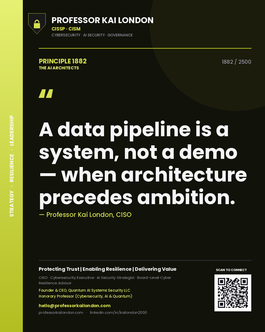 Professor Kai London principle 1882: A data pipeline is a system, not a demo — when architecture precedes ambition.