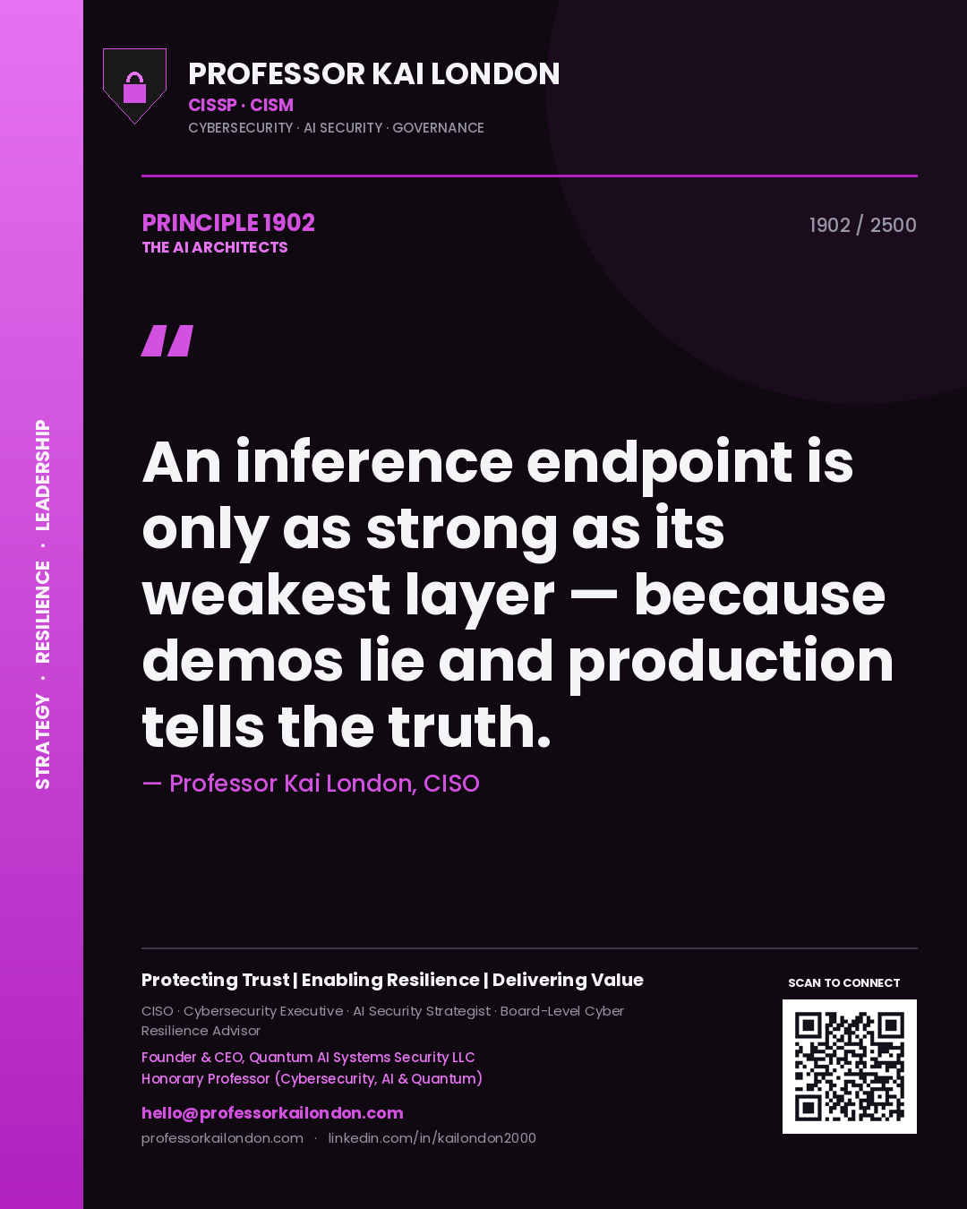 Quote card by Professor Kai London reading 'An inference endpoint is only as strong as its weakest layer — because demos lie and production tells the truth.'. From the book The AI Architects.