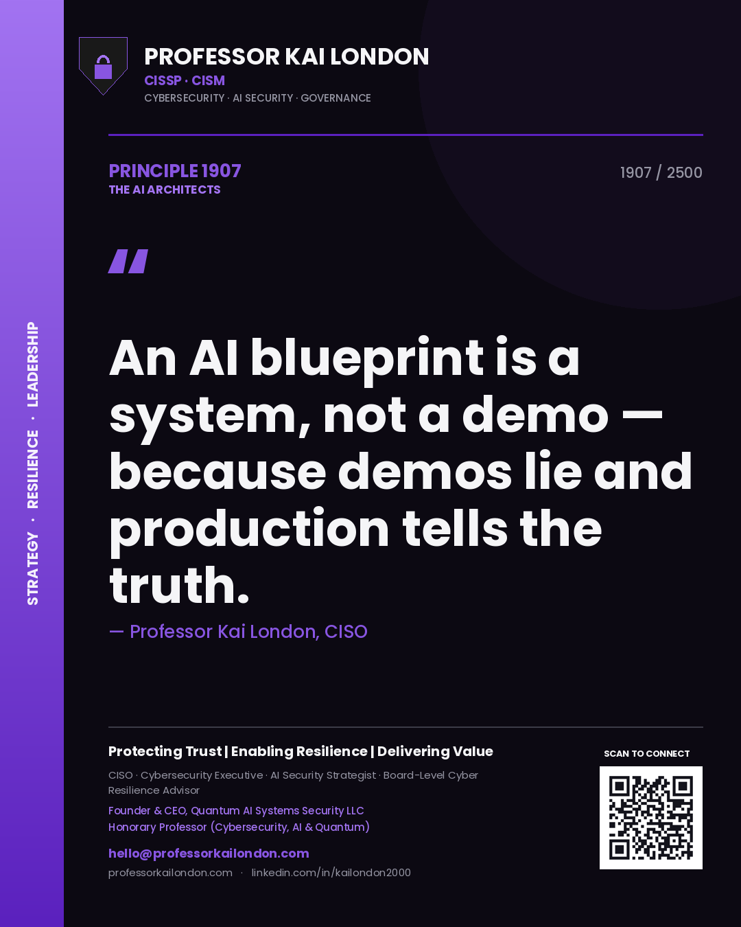 Quote card by Professor Kai London reading 'An AI blueprint is a system, not a demo — because demos lie and production tells the truth.'. From the book The AI Architects.