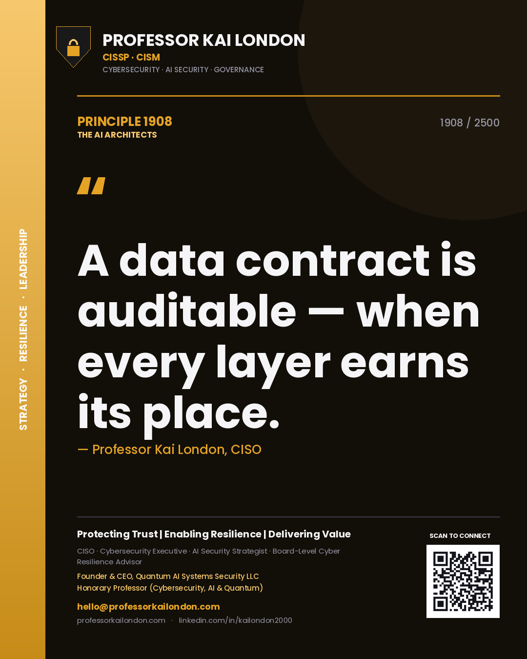 Quote card by Professor Kai London reading 'A data contract is auditable — when every layer earns its place.'. From the book The AI Architects.
