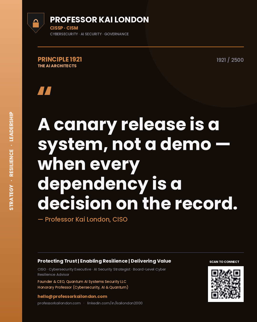Quote card by Professor Kai London reading 'A canary release is a system, not a demo — when every dependency is a decision on the record.'. From the book The AI Architects.