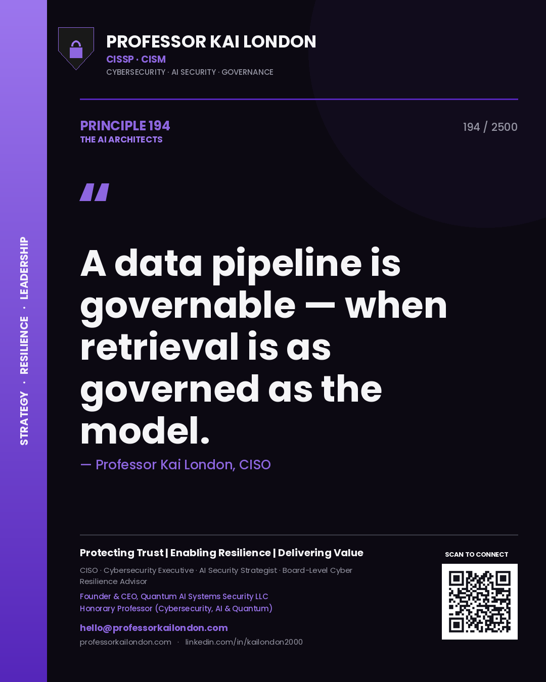 Quote card by Professor Kai London reading 'A data pipeline is governable — when retrieval is as governed as the model.'. From the book The AI Architects.
