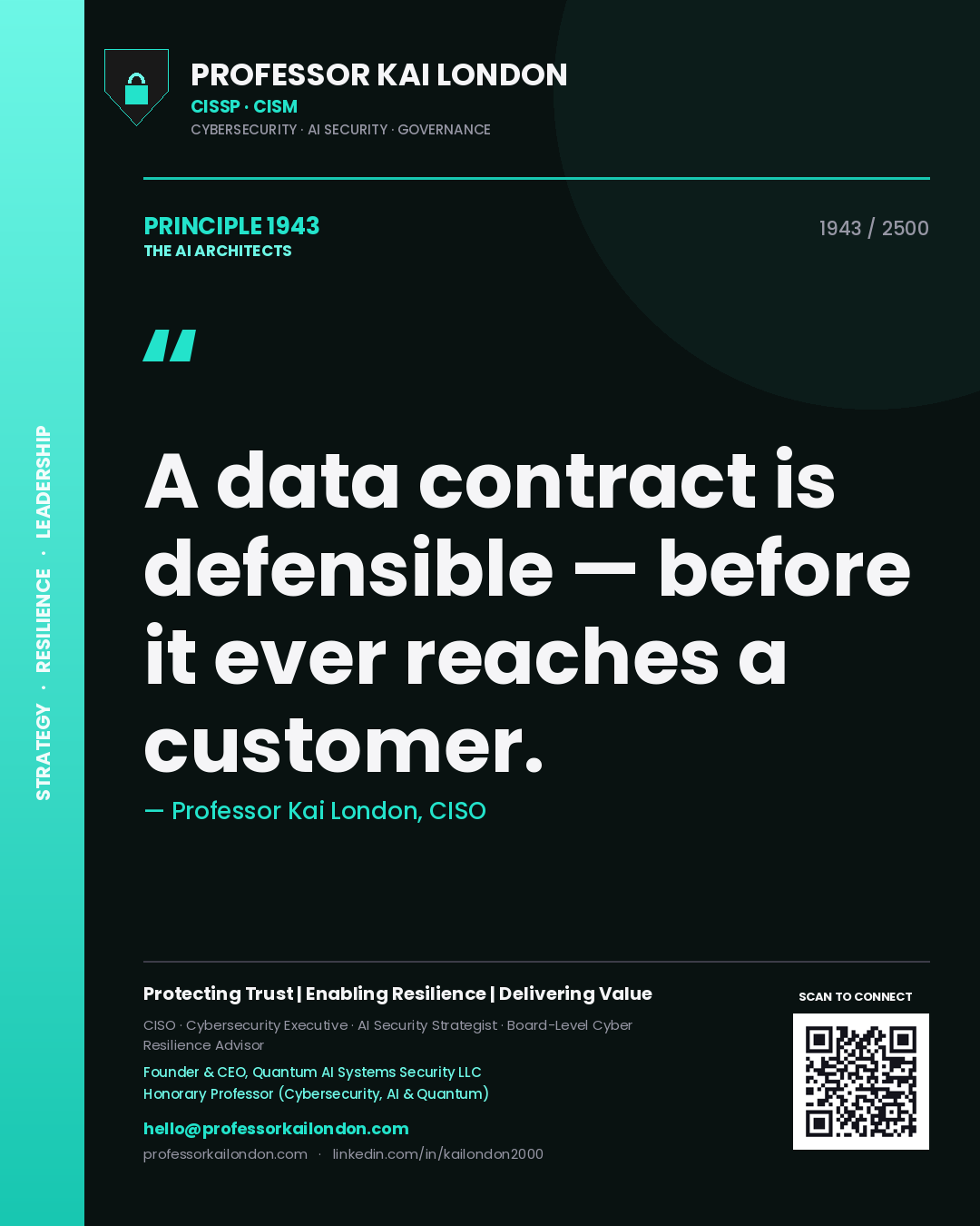 Quote card by Professor Kai London reading 'A data contract is defensible — before it ever reaches a customer.'. From the book The AI Architects.