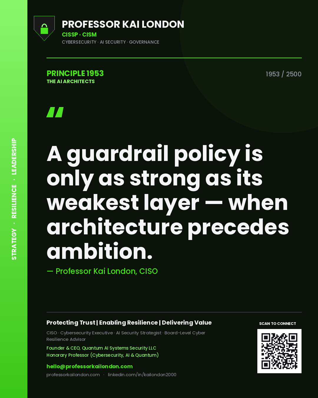 Quote card by Professor Kai London reading 'A guardrail policy is only as strong as its weakest layer — when architecture precedes ambition.'. From the book The AI Architects.