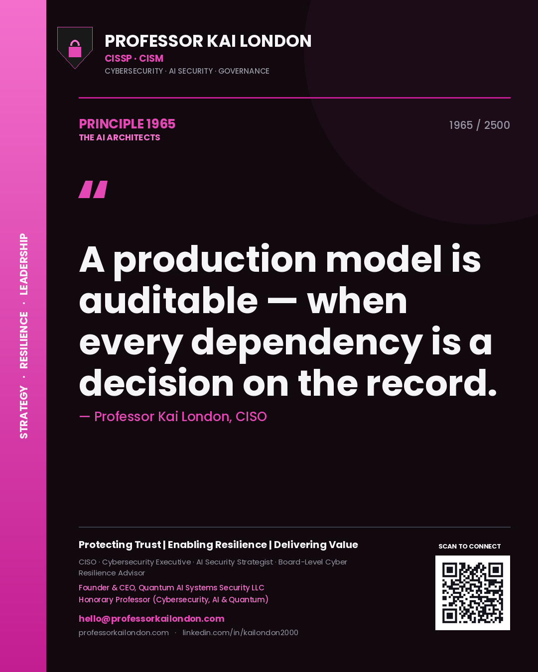Professor Kai London principle 1965: A production model is auditable — when every dependency is a decision on the record.