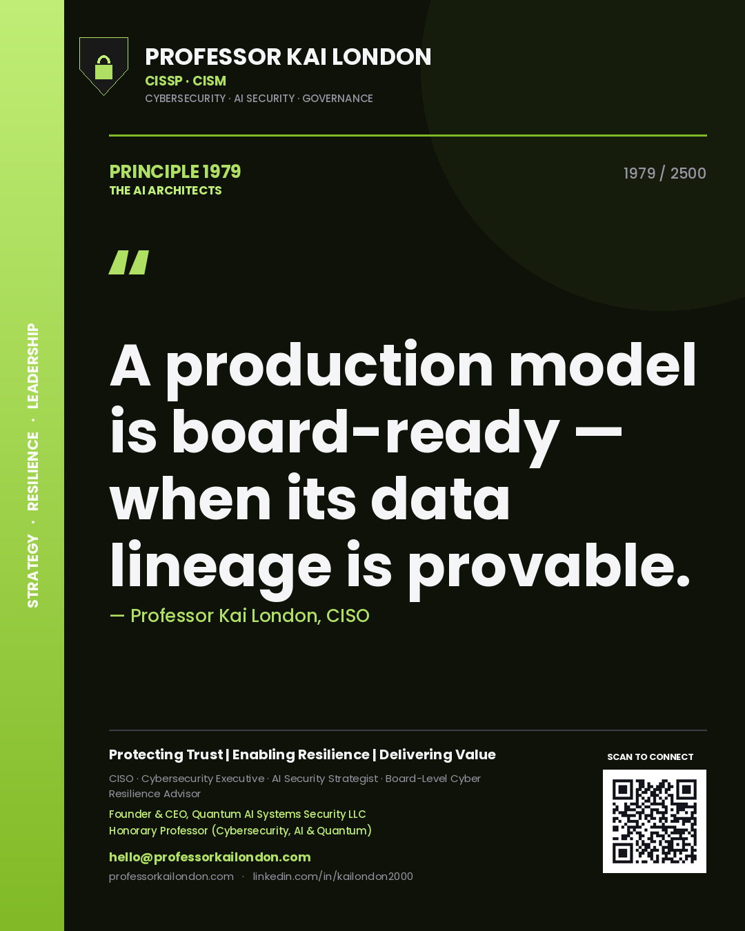 Quote card by Professor Kai London reading 'A production model is board-ready — when its data lineage is provable.'. From the book The AI Architects.
