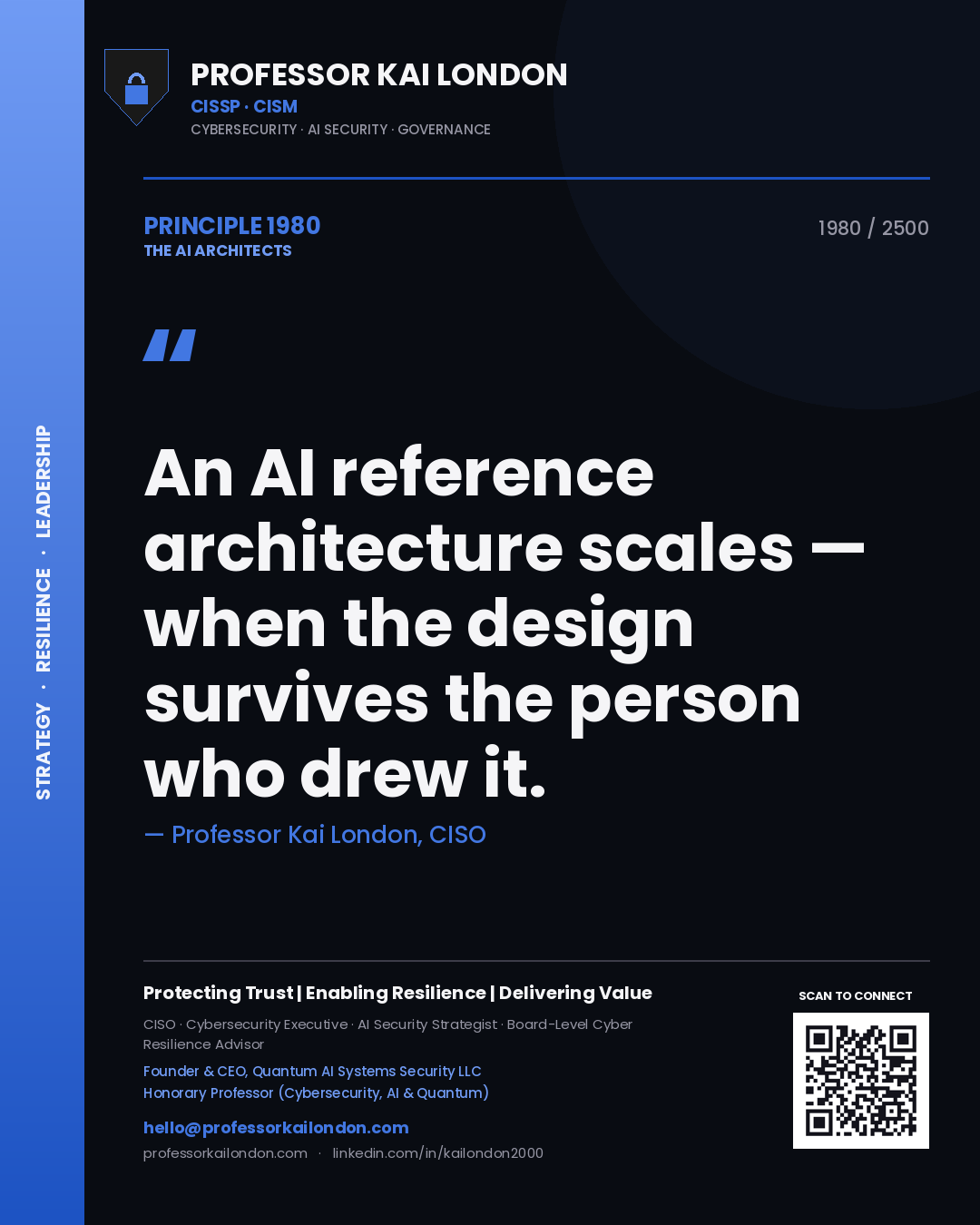 Quote card by Professor Kai London reading 'An AI reference architecture scales — when the design survives the person who drew it.'. From the book The AI Architects.