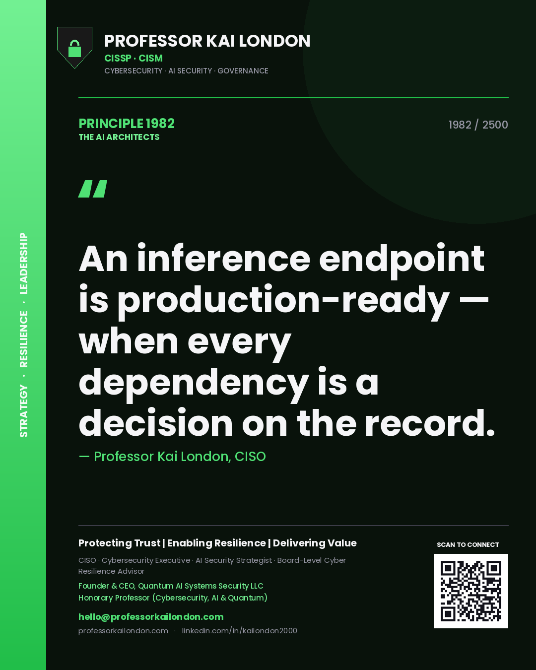 Quote card by Professor Kai London reading 'An inference endpoint is production-ready — when every dependency is a decision on the record.'. From the book The AI Architects.