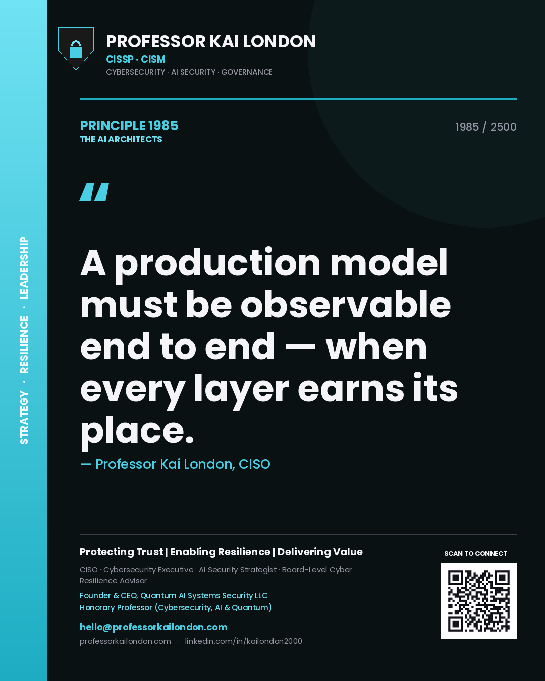 Quote card by Professor Kai London reading 'A production model must be observable end to end — when every layer earns its place.'. From the book The AI Architects.
