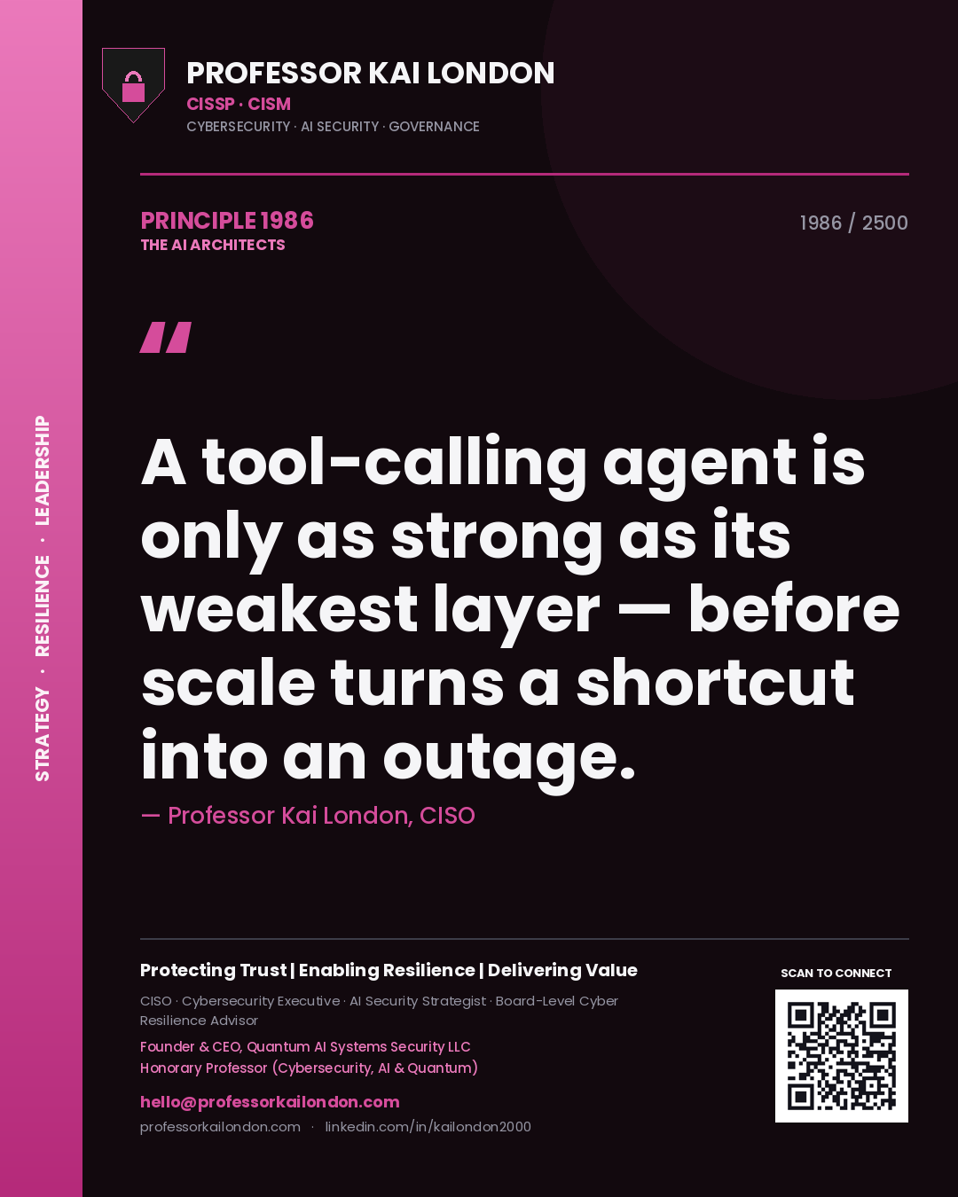 Quote card by Professor Kai London reading 'A tool-calling agent is only as strong as its weakest layer — before scale turns a shortcut into an outage.'. From the book The AI Architects.
