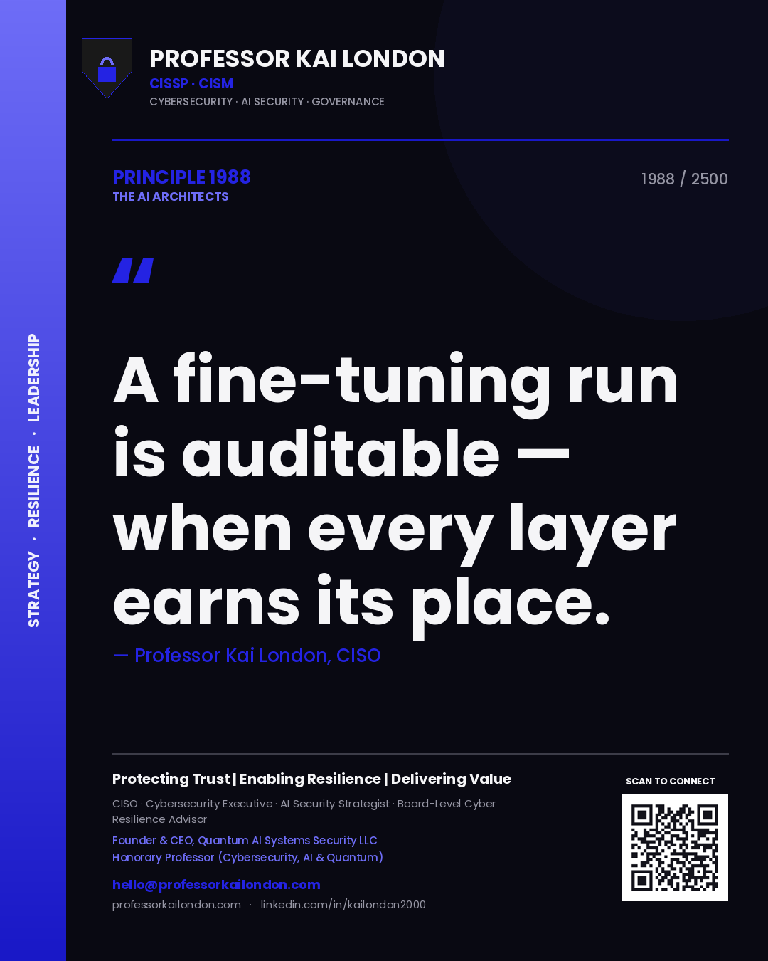 Quote card by Professor Kai London reading 'A fine-tuning run is auditable — when every layer earns its place.'. From the book The AI Architects.