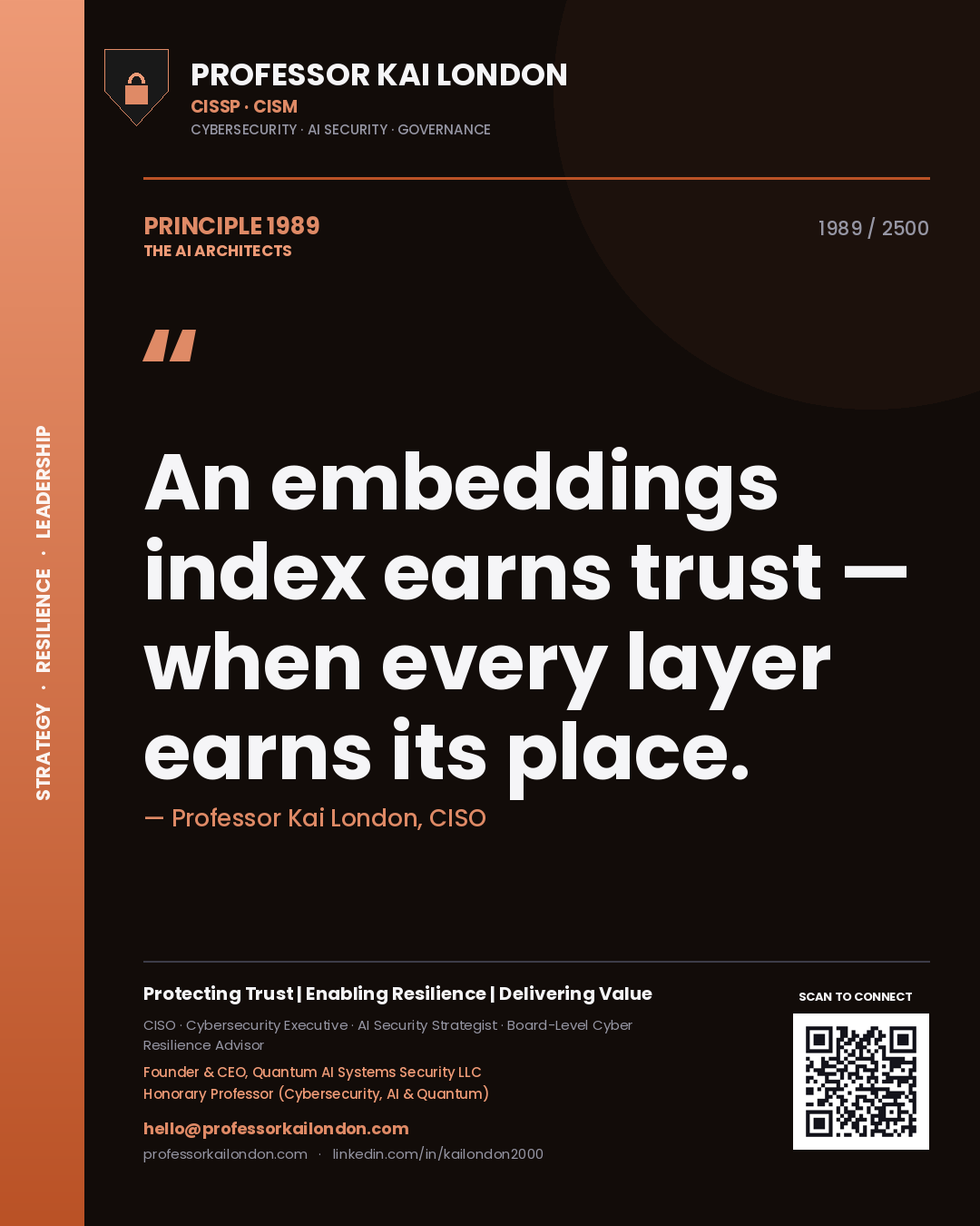 Quote card by Professor Kai London reading 'An embeddings index earns trust — when every layer earns its place.'. From the book The AI Architects.