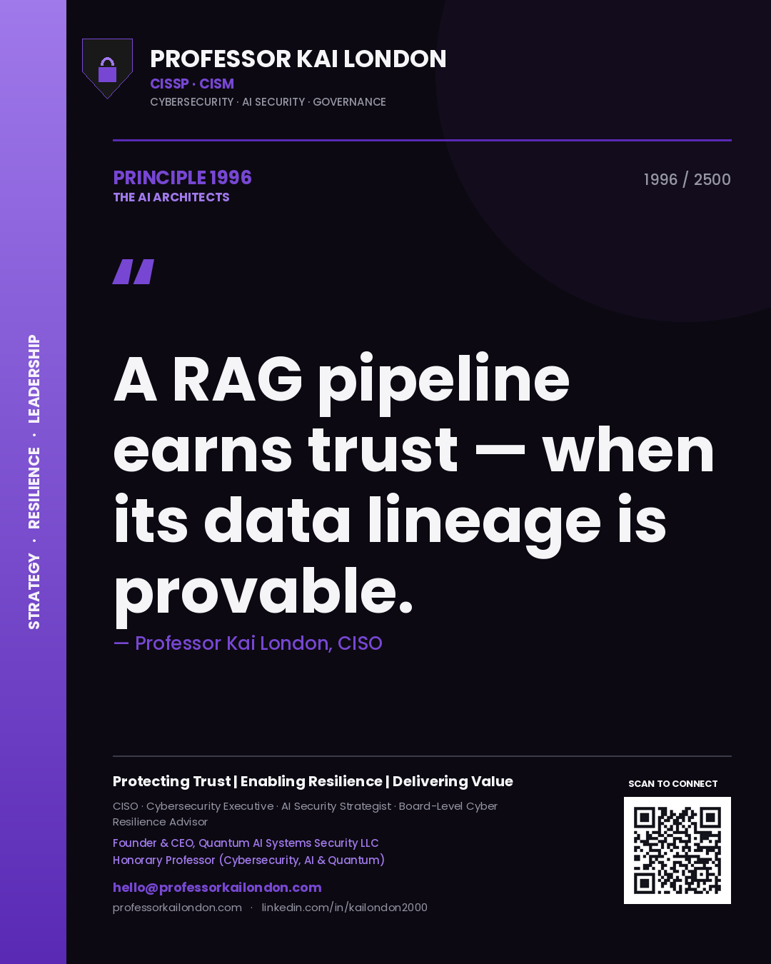 Quote card by Professor Kai London reading 'A RAG pipeline earns trust — when its data lineage is provable.'. From the book The AI Architects.