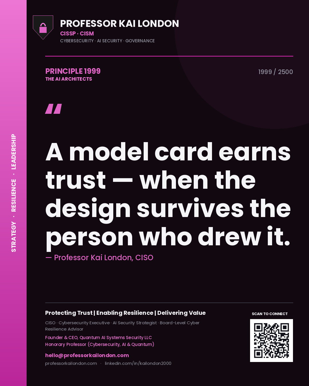 Quote card by Professor Kai London reading 'A model card earns trust — when the design survives the person who drew it.'. From the book The AI Architects.