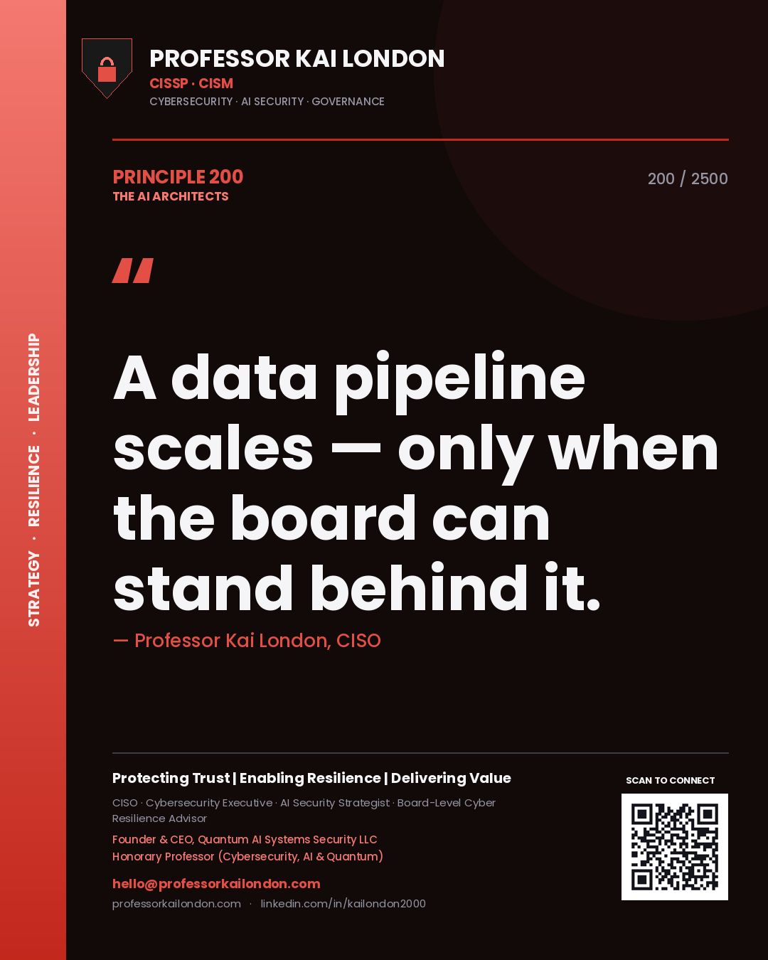 Quote card by Professor Kai London reading 'A data pipeline scales — only when the board can stand behind it.'. From the book The AI Architects.