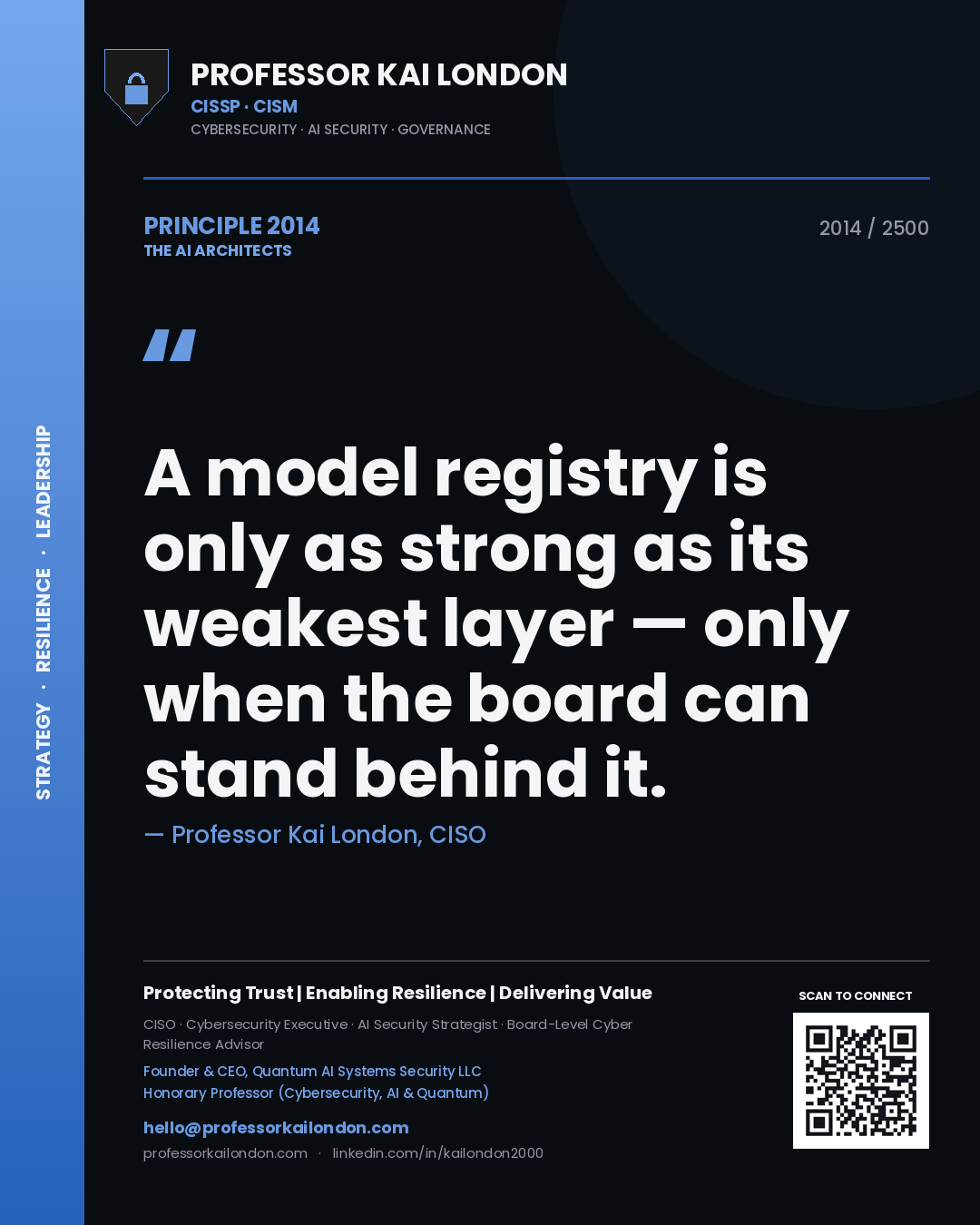 Quote card by Professor Kai London reading 'A model registry is only as strong as its weakest layer — only when the board can stand behind it.'. From the book The AI Architects.
