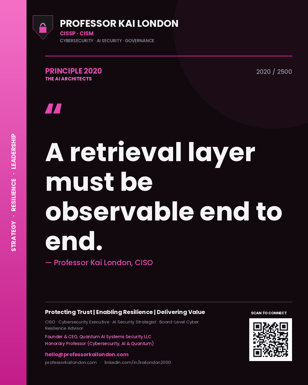Quote card by Professor Kai London reading 'A retrieval layer must be observable end to end.'. From the book The AI Architects.