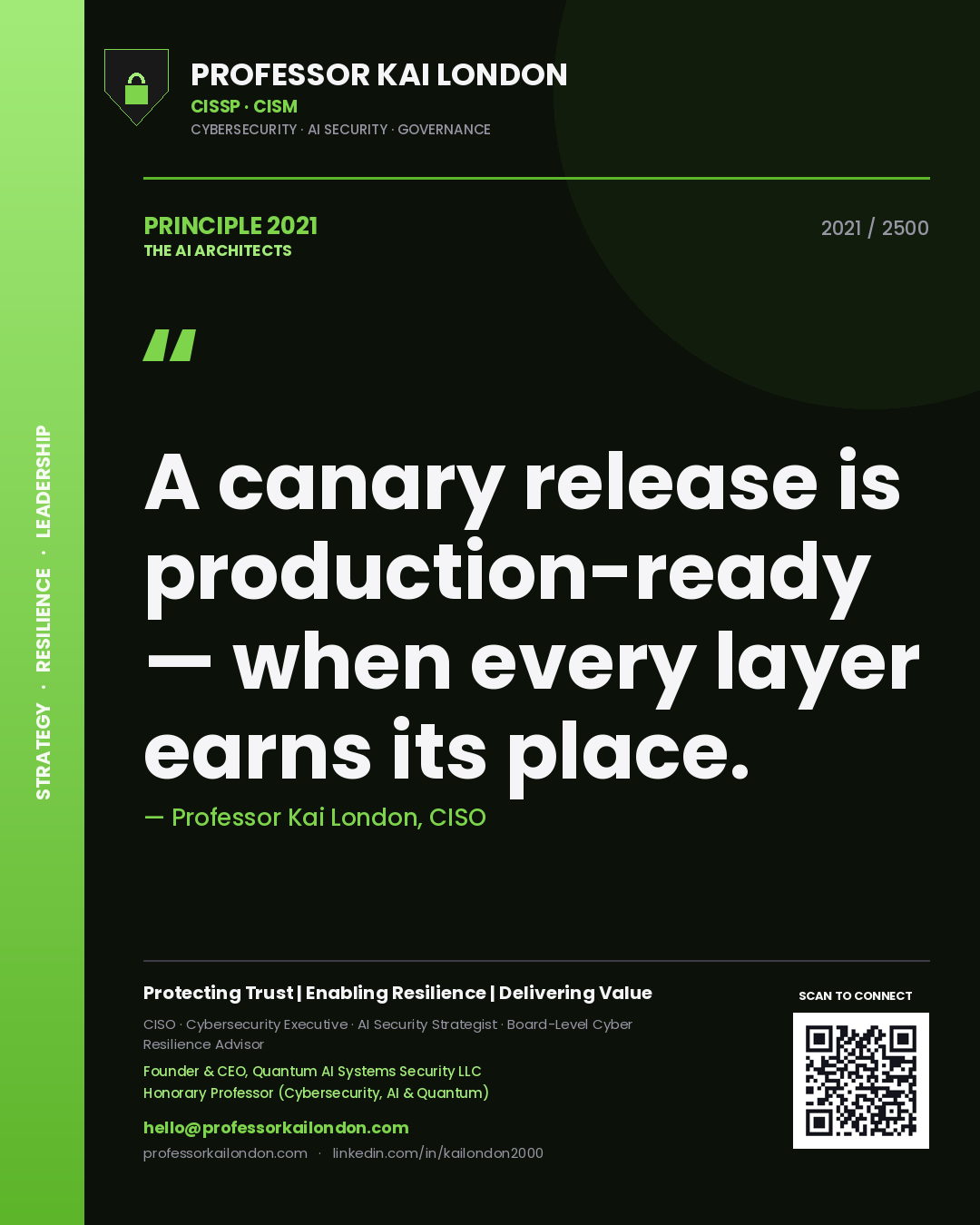 Professor Kai London principle 2021: A canary release is production-ready — when every layer earns its place.