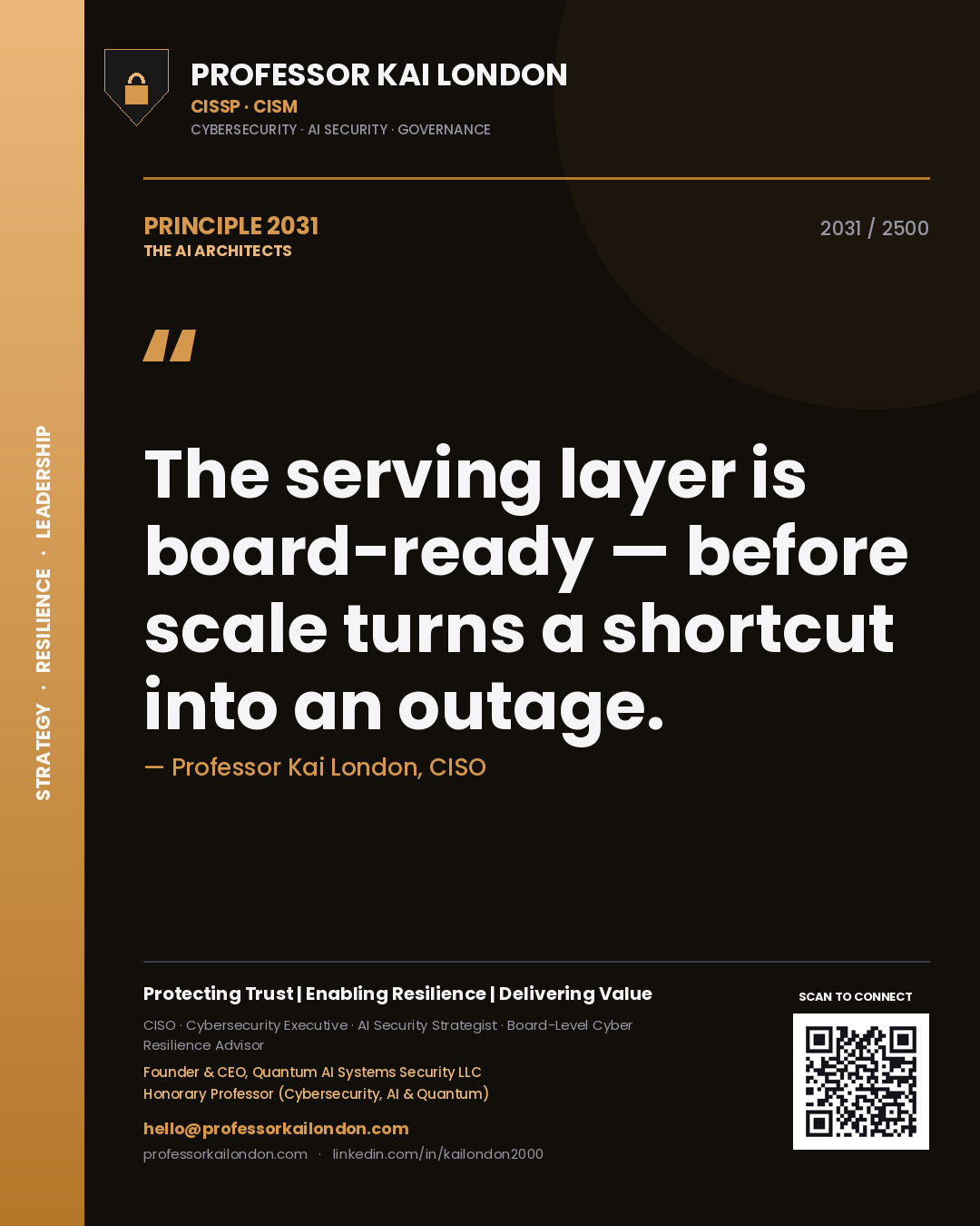 Professor Kai London principle 2031: The serving layer is board-ready — before scale turns a shortcut into an outage.