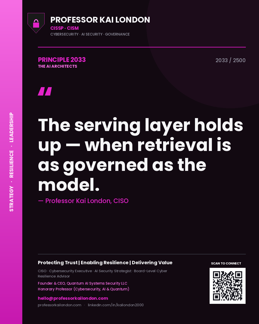 Quote card by Professor Kai London reading 'The serving layer holds up — when retrieval is as governed as the model.'. From the book The AI Architects.