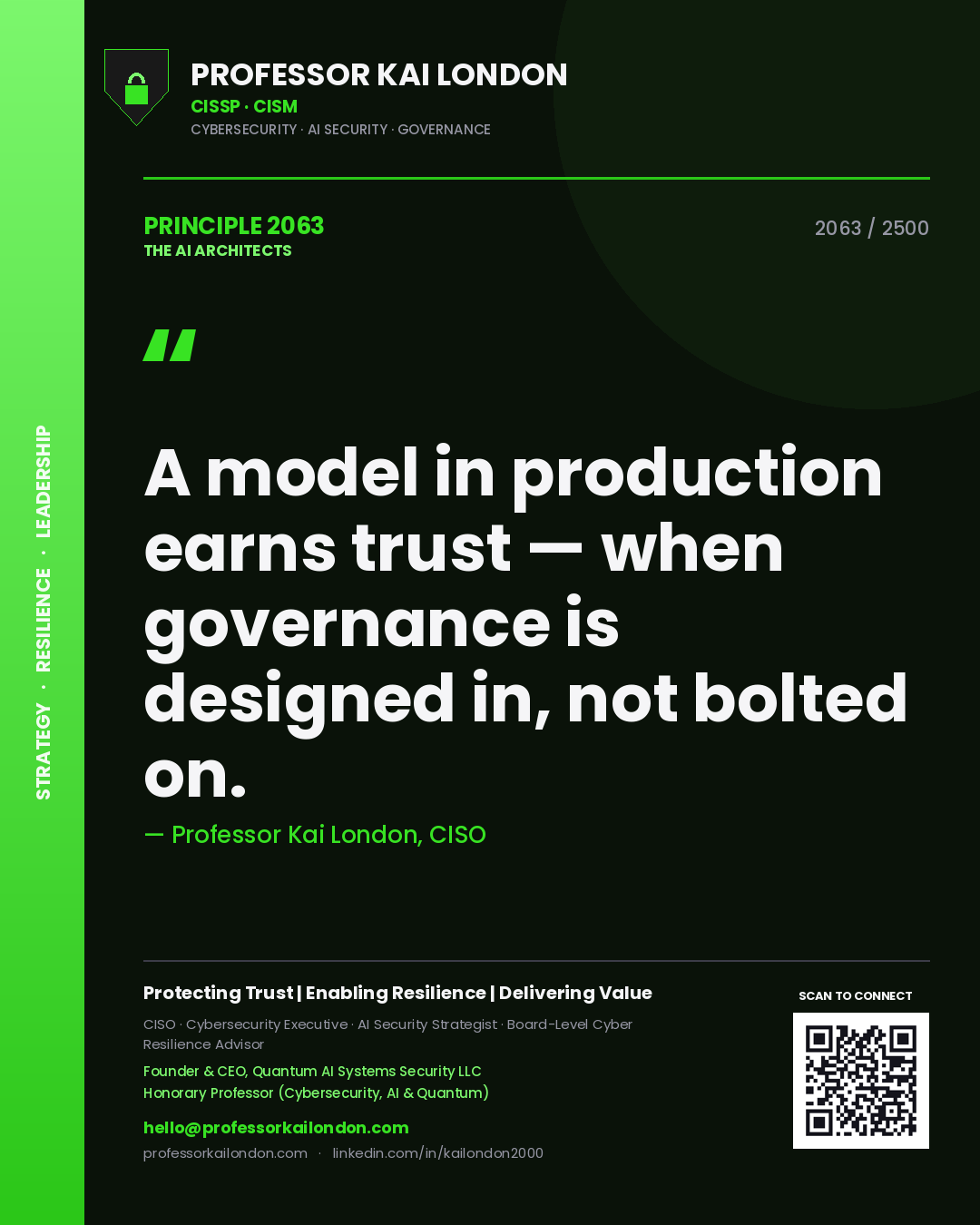 Professor Kai London principle 2063: A model in production earns trust — when governance is designed in, not bolted on.