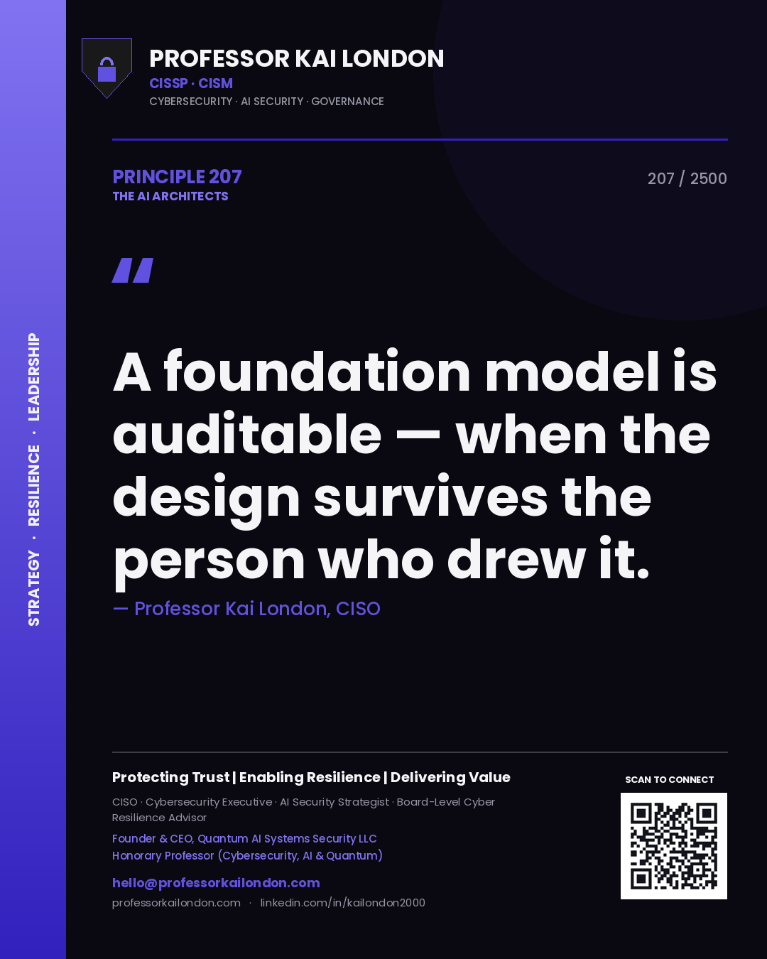 Quote card by Professor Kai London reading 'A foundation model is auditable — when the design survives the person who drew it.'. From the book The AI Architects.