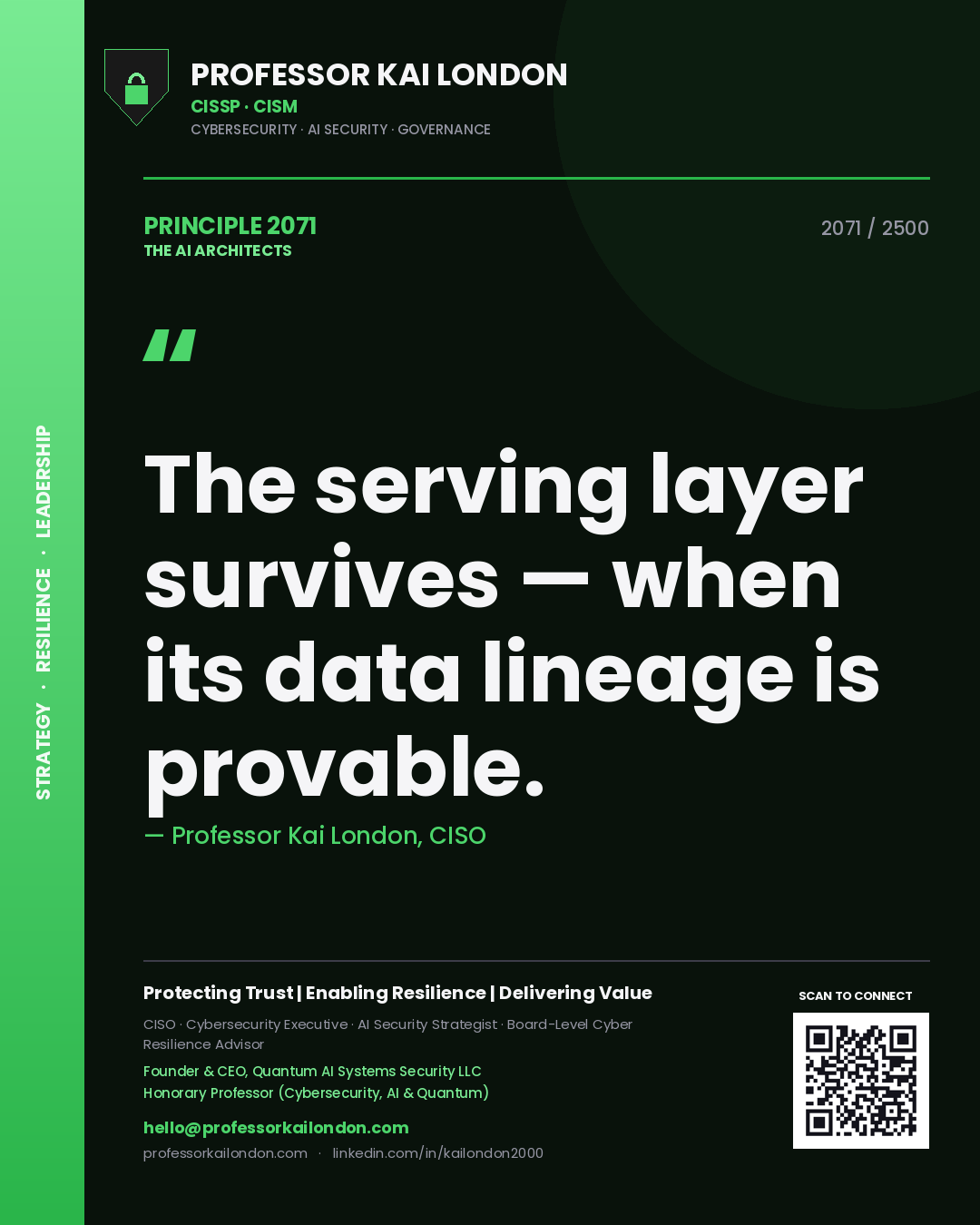 Quote card by Professor Kai London reading 'The serving layer survives — when its data lineage is provable.'. From the book The AI Architects.