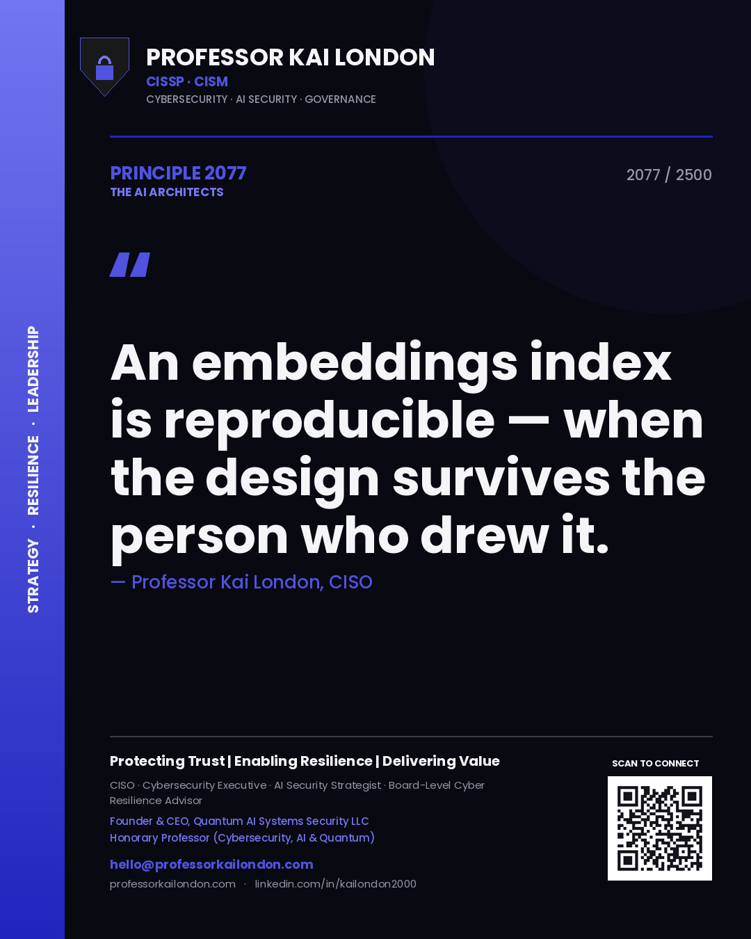 Professor Kai London principle 2077: An embeddings index is reproducible — when the design survives the person who drew it.