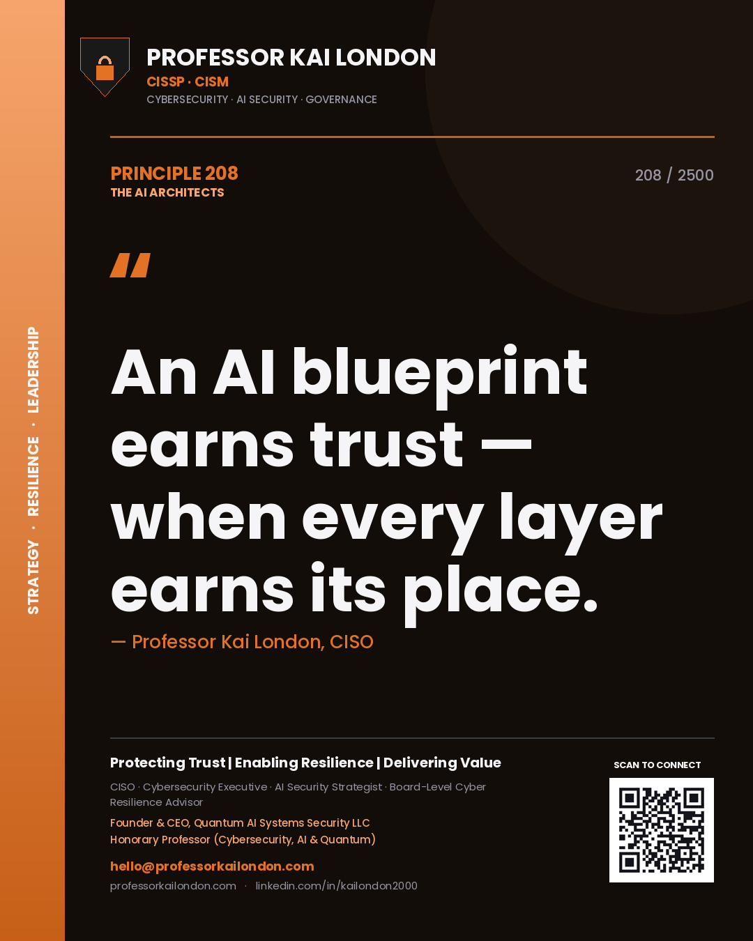 Professor Kai London principle 208: An AI blueprint earns trust — when every layer earns its place.