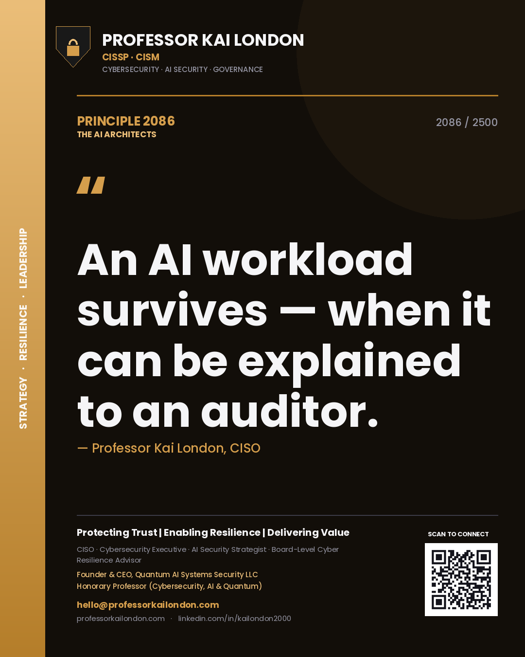 Professor Kai London principle 2086: An AI workload survives — when it can be explained to an auditor.