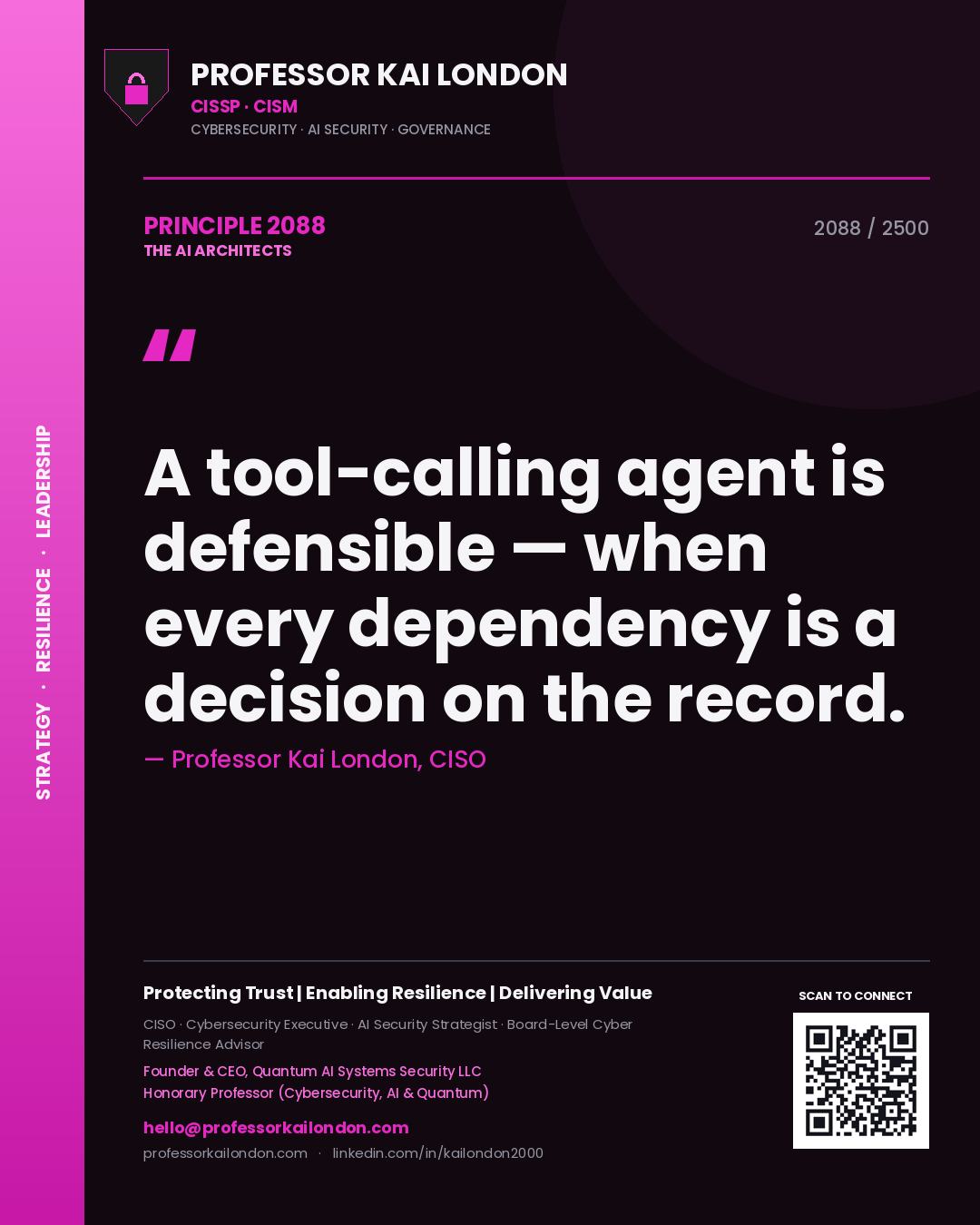 Professor Kai London principle 2088: A tool-calling agent is defensible — when every dependency is a decision on the record.