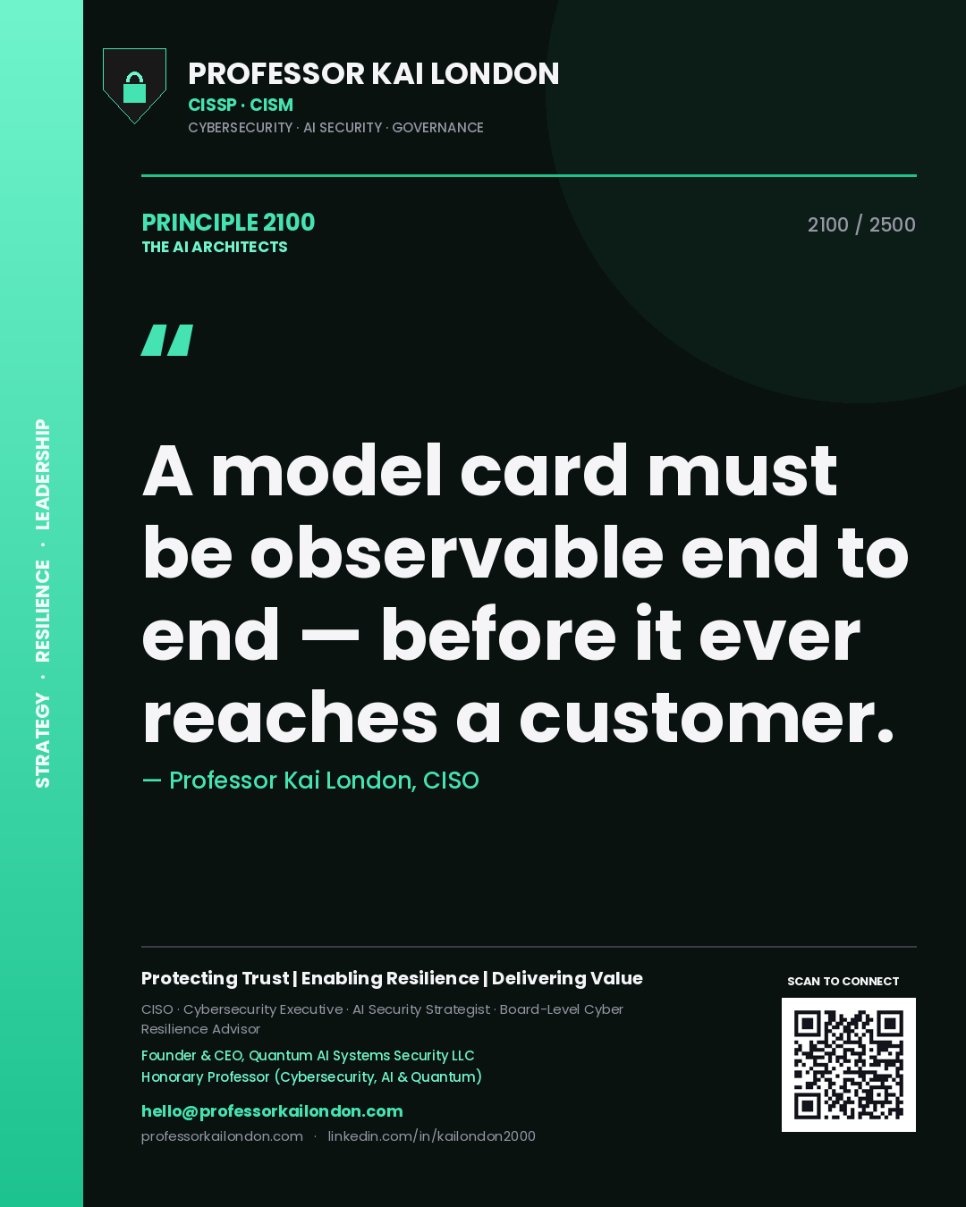 Professor Kai London principle 2100: A model card must be observable end to end — before it ever reaches a customer.